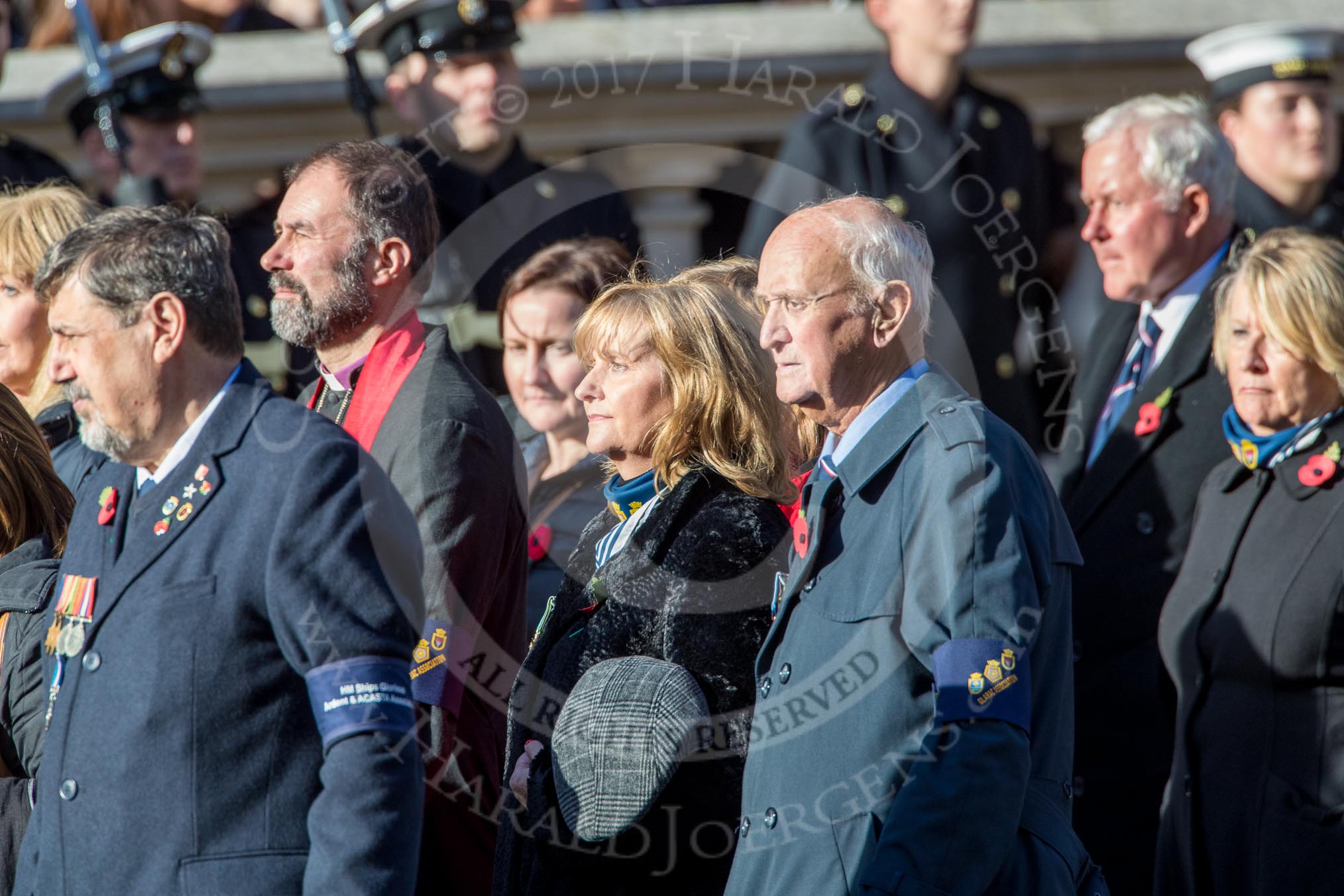 HMS Glorious, Ardent & Acasta Association  (GLARAC) Association (Group E17, 27 members) during the Royal British Legion March Past on Remembrance Sunday at the Cenotaph, Whitehall, Westminster, London, 11 November 2018, 11:43.