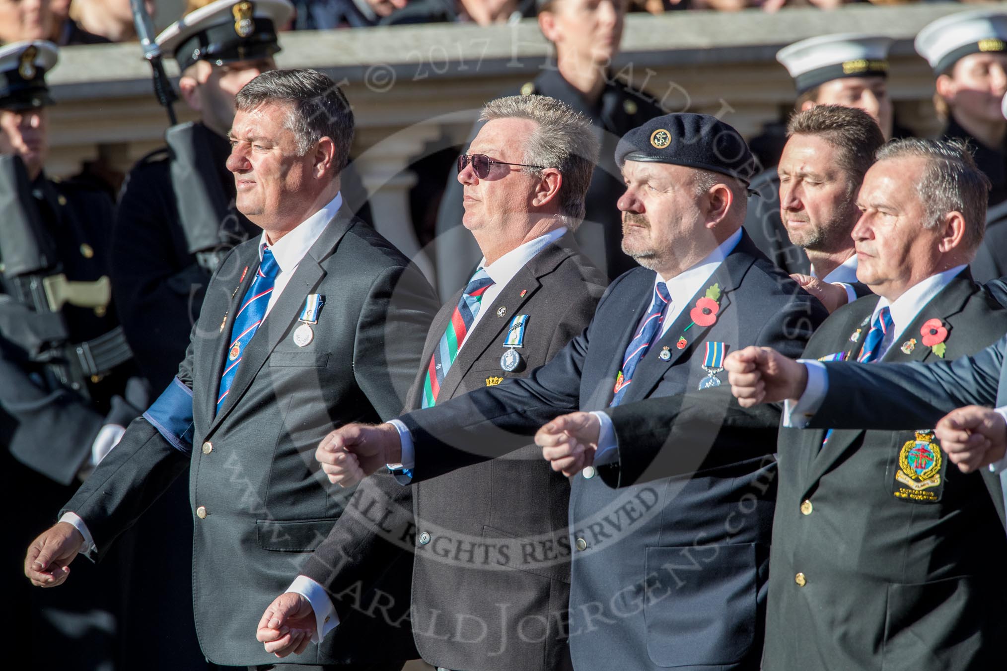 HMS Argonaut Association  (Group E19, 29 members) during the Royal British Legion March Past on Remembrance Sunday at the Cenotaph, Whitehall, Westminster, London, 11 November 2018, 11:44.