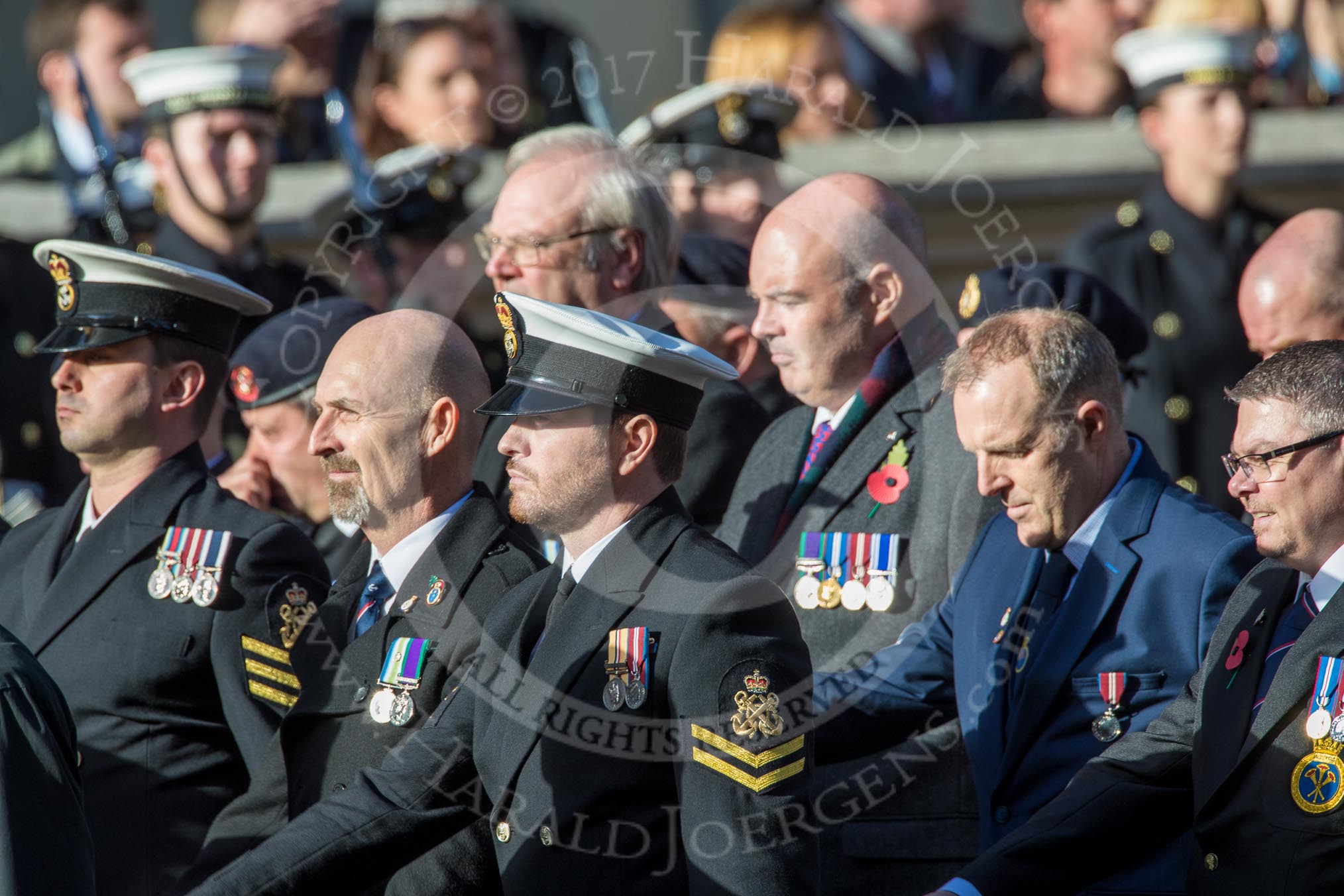 HMS Illustrious Association  (Group E22, 45 members) during the Royal British Legion March Past on Remembrance Sunday at the Cenotaph, Whitehall, Westminster, London, 11 November 2018, 11:44.