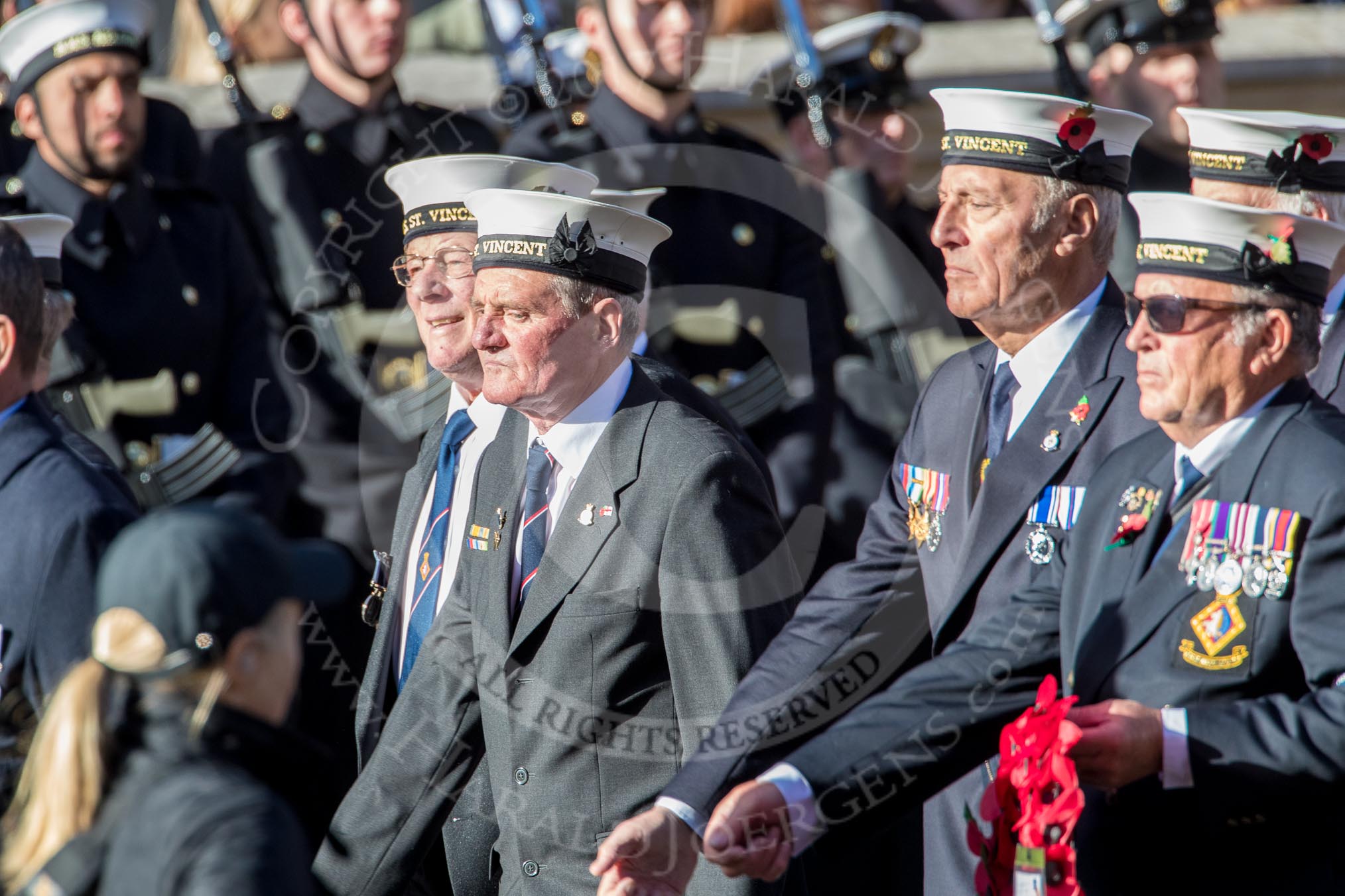 HMS St. Vincent Association  (Group E24, 14 members) during the Royal British Legion March Past on Remembrance Sunday at the Cenotaph, Whitehall, Westminster, London, 11 November 2018, 11:44.