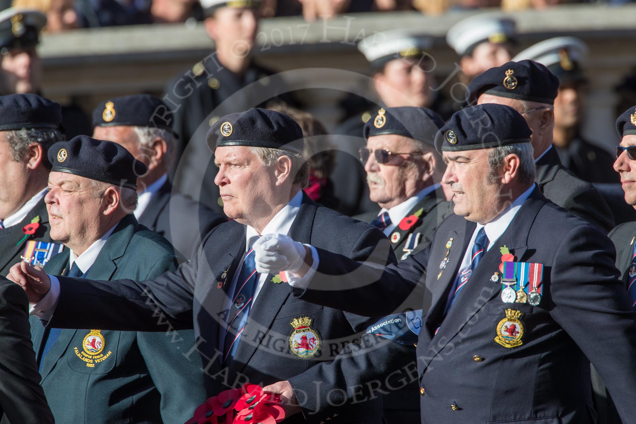 HMS Exeter Association  (Group E28, 25 members) during the Royal British Legion March Past on Remembrance Sunday at the Cenotaph, Whitehall, Westminster, London, 11 November 2018, 11:44.