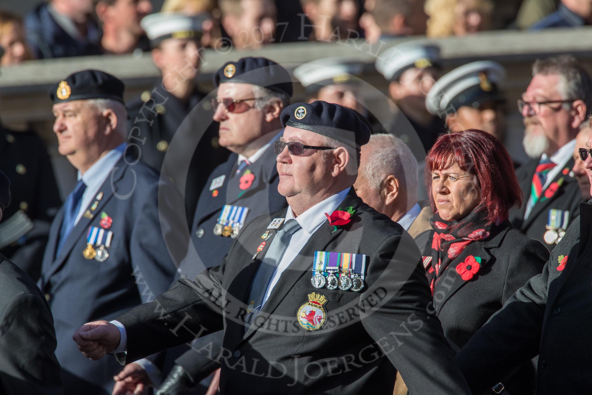 HMS Glasgow Association  (Group E29, 29 members) during the Royal British Legion March Past on Remembrance Sunday at the Cenotaph, Whitehall, Westminster, London, 11 November 2018, 11:44.