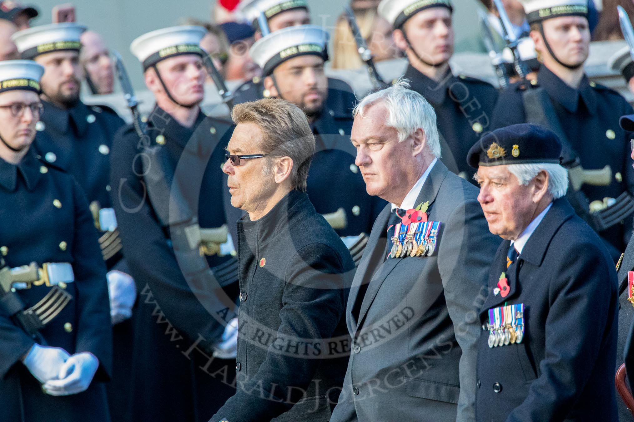 Royal Fleet Auxiliary Association  (Group E33, 15 members) during the Royal British Legion March Past on Remembrance Sunday at the Cenotaph, Whitehall, Westminster, London, 11 November 2018, 11:45.