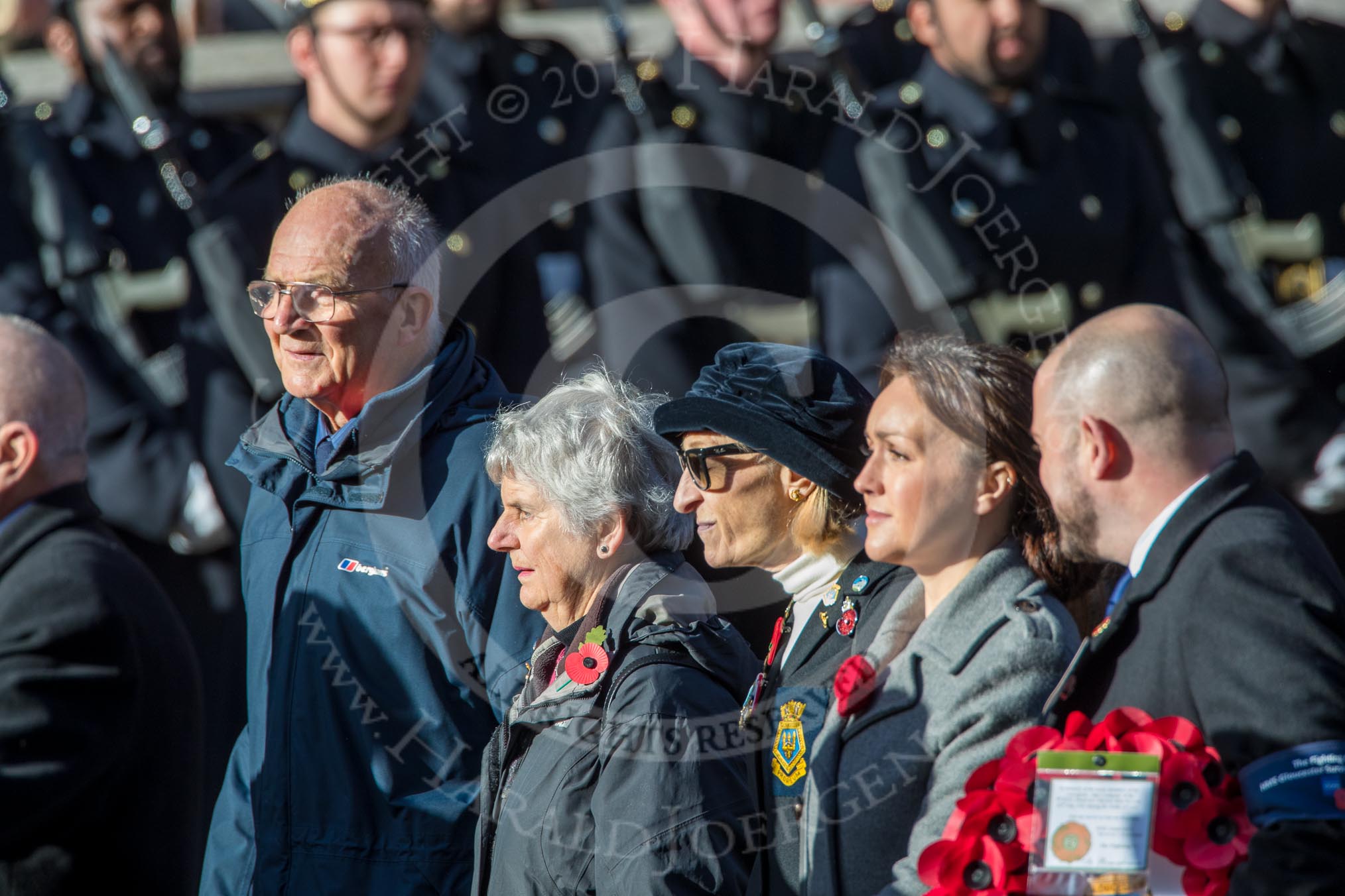 The Fisgard Association  (Group E42, 35 members) during the Royal British Legion March Past on Remembrance Sunday at the Cenotaph, Whitehall, Westminster, London, 11 November 2018, 11:47.