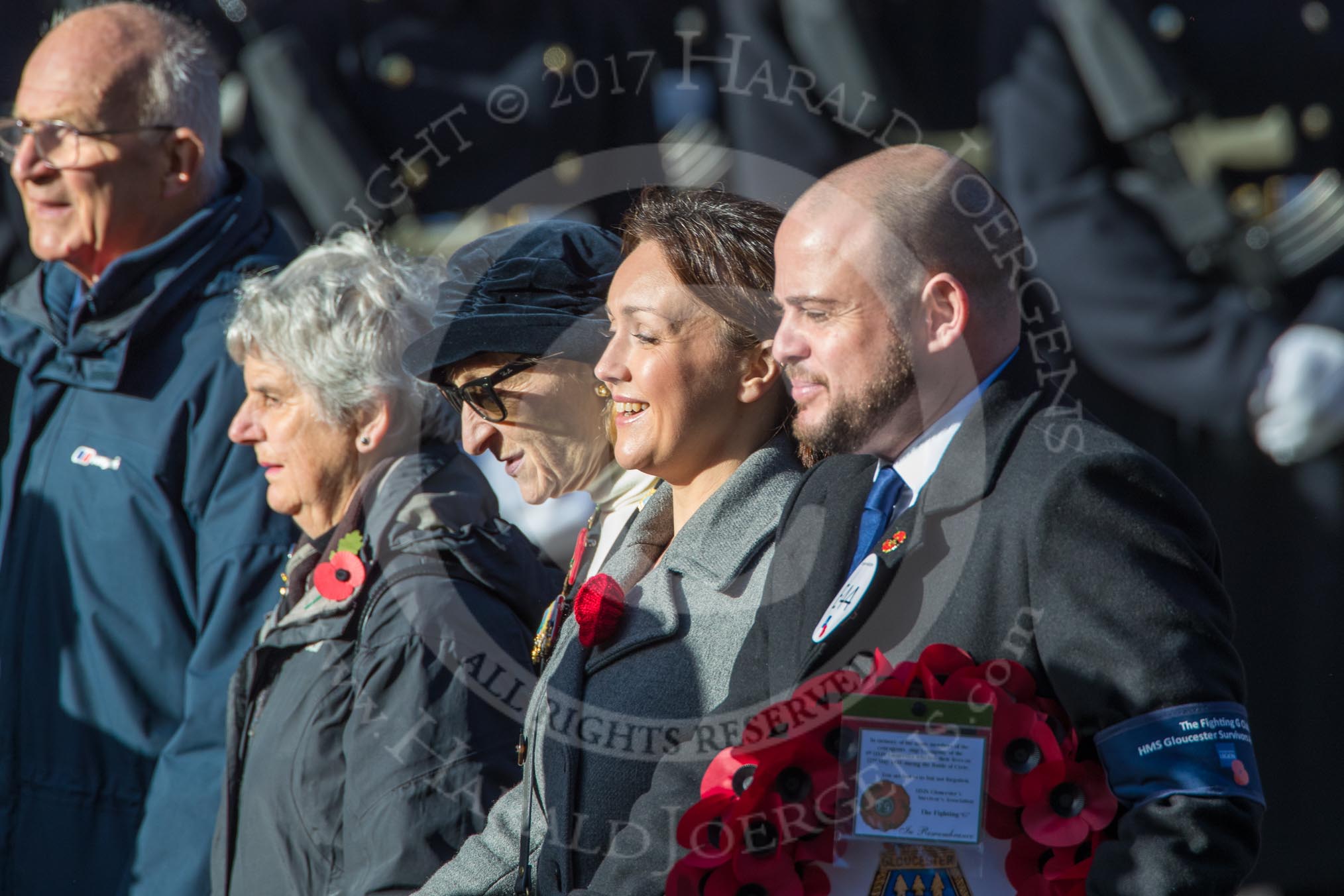 The Fighting G Club, HMS Gloucester Survivors' Association  (Group E44, 5 members)  during the Royal British Legion March Past on Remembrance Sunday at the Cenotaph, Whitehall, Westminster, London, 11 November 2018, 11:47.