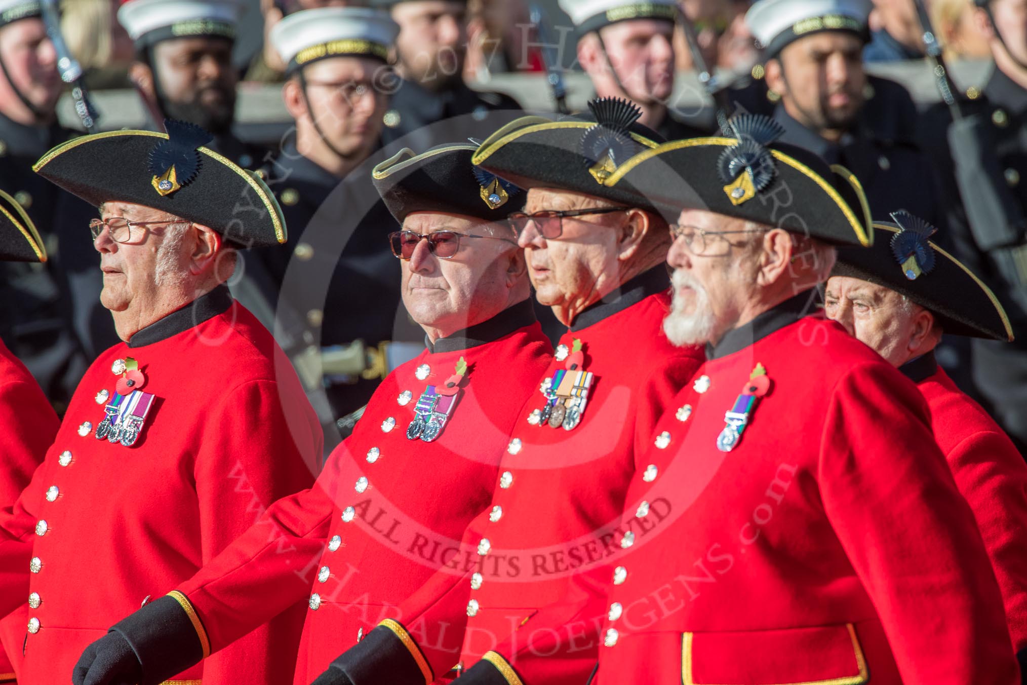 The Royal Hospital Chelsea (Group AA3, 30 members) during the Royal British Legion March Past on Remembrance Sunday at the Cenotaph, Whitehall, Westminster, London, 11 November 2018, 11:48.