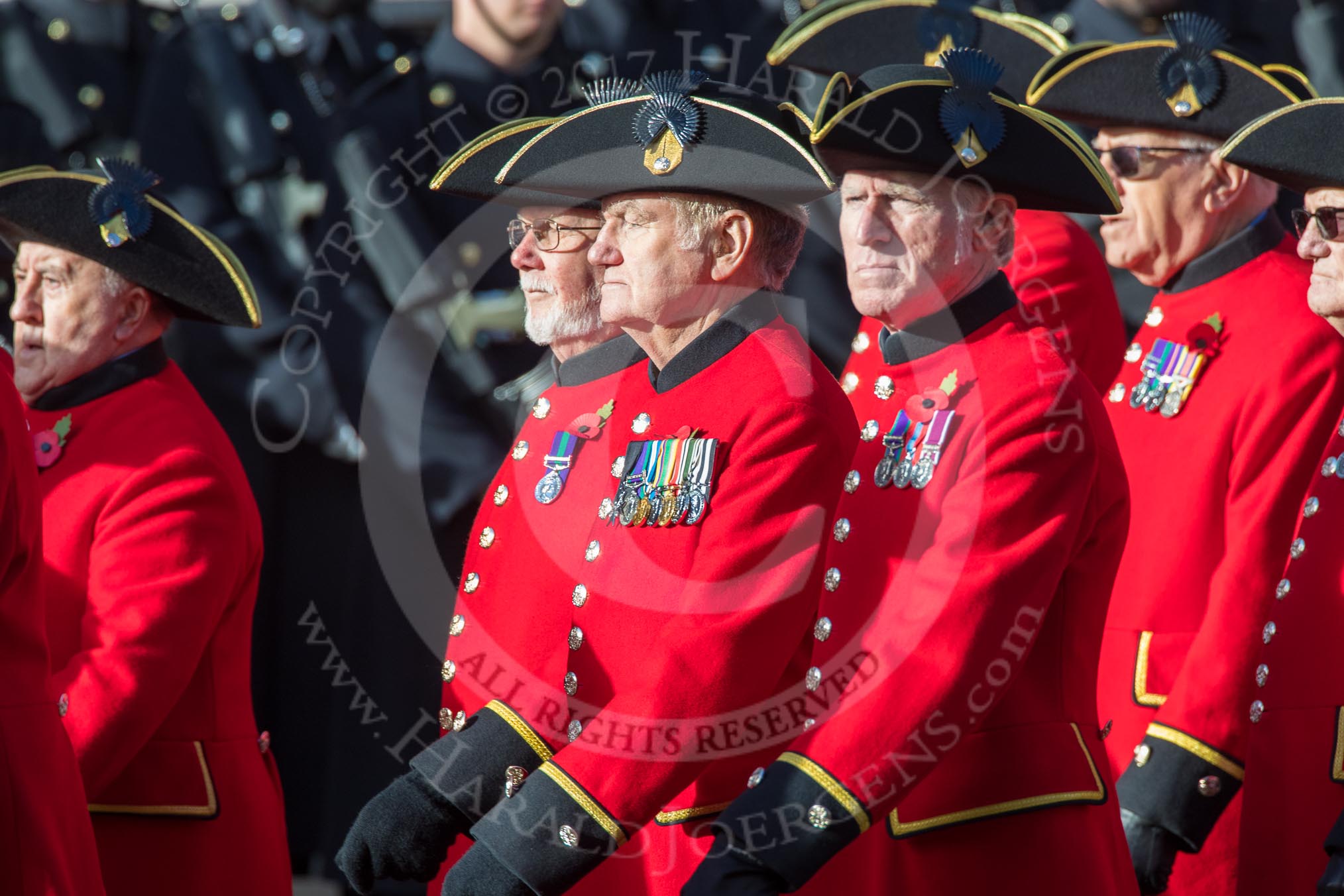 The Royal Hospital Chelsea (Group AA3, 30 members) during the Royal British Legion March Past on Remembrance Sunday at the Cenotaph, Whitehall, Westminster, London, 11 November 2018, 11:48.