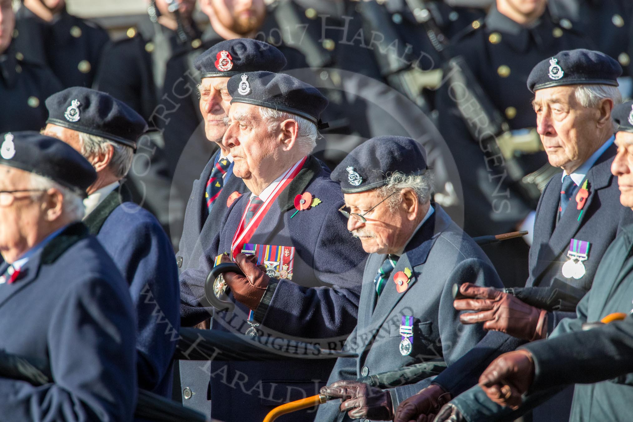 The Queen's Body Guard of the Yeomen of the Guard (Group F10, 15 members) during the Royal British Legion March Past on Remembrance Sunday at the Cenotaph, Whitehall, Westminster, London, 11 November 2018, 11:51.