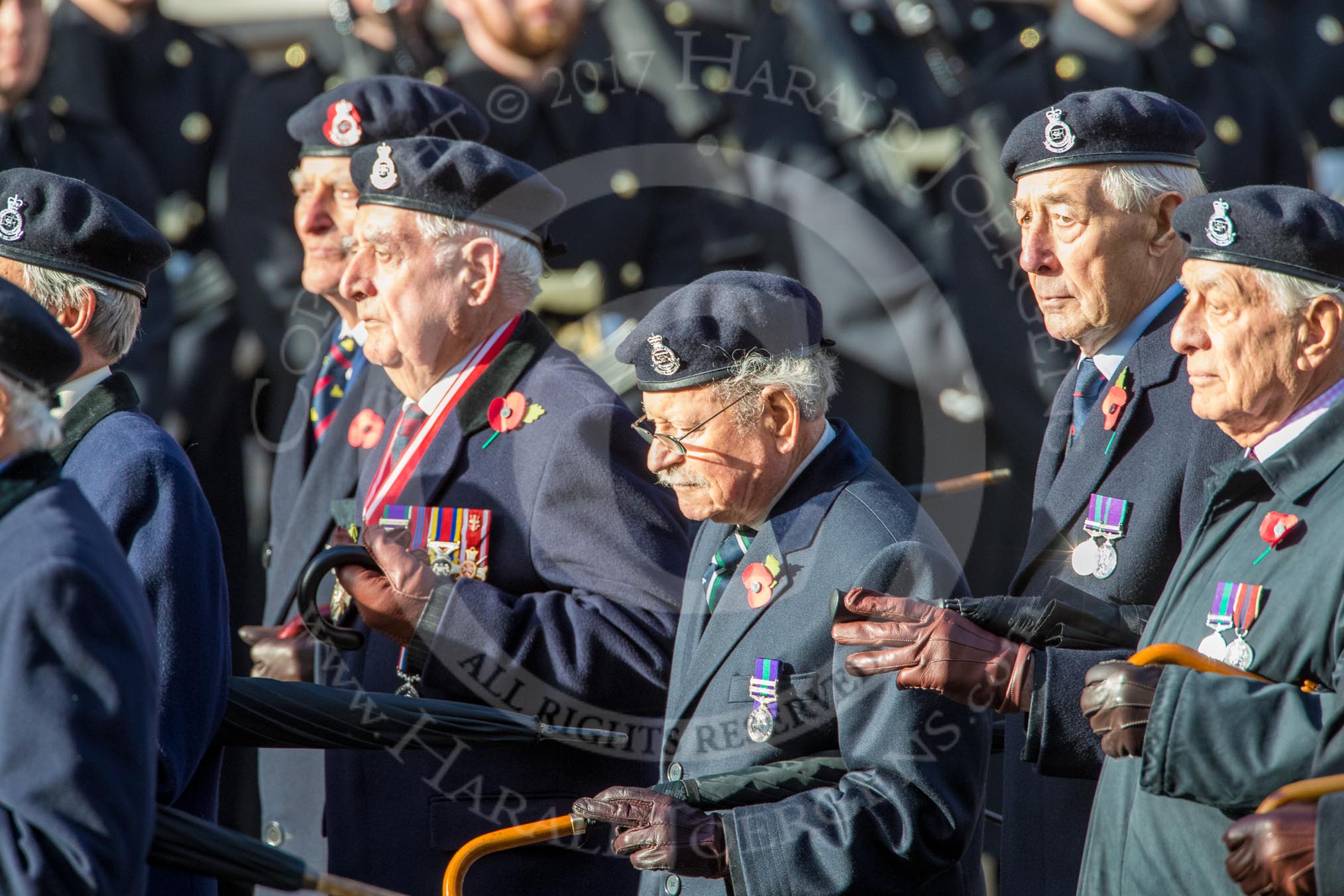 The Queen's Body Guard of the Yeomen of the Guard (Group F10, 15 members) during the Royal British Legion March Past on Remembrance Sunday at the Cenotaph, Whitehall, Westminster, London, 11 November 2018, 11:51.