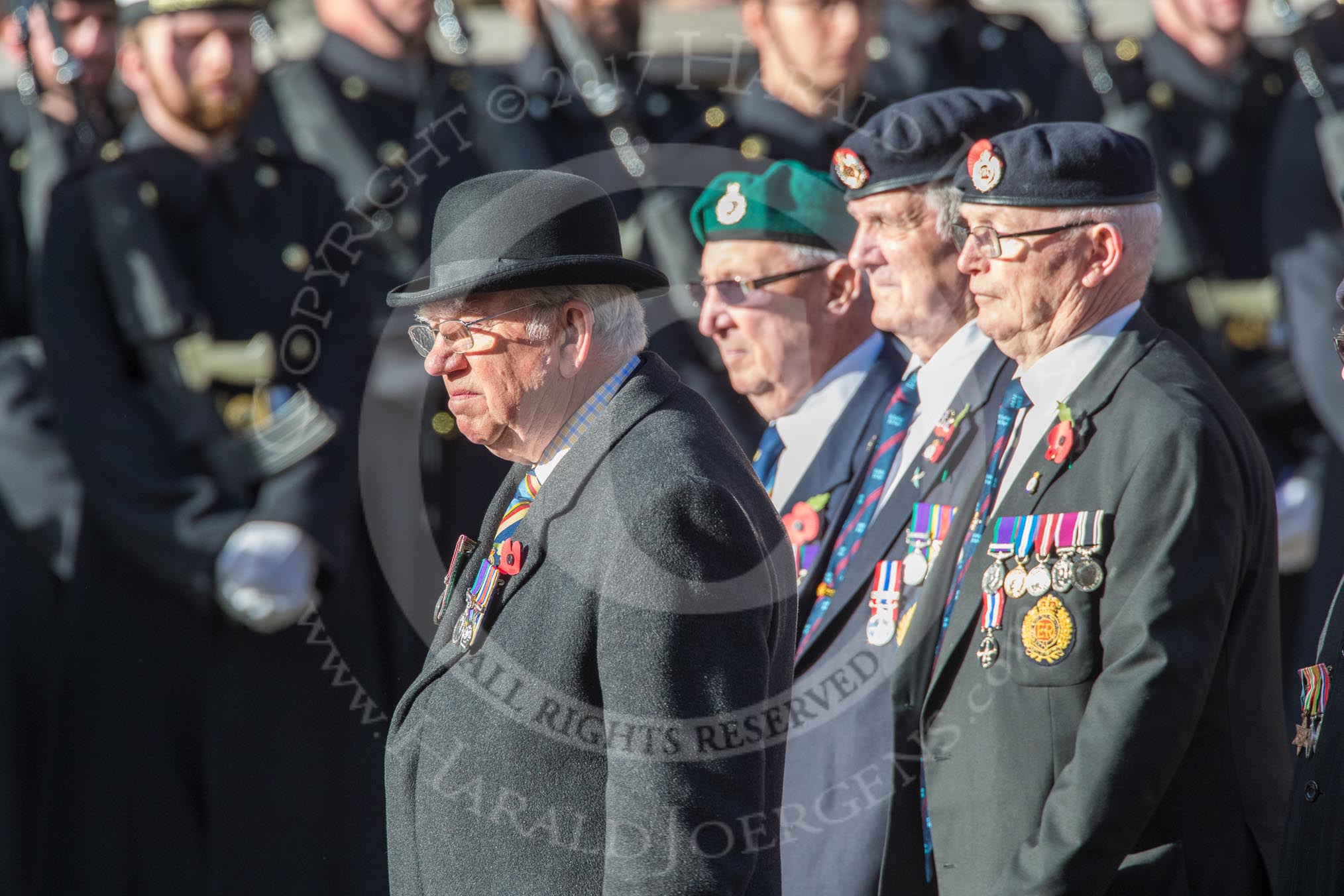 The Coronation Intake, Royal Military Academy Sandhurst (Group F11, 11 members) during the Royal British Legion March Past on Remembrance Sunday at the Cenotaph, Whitehall, Westminster, London, 11 November 2018, 11:51.