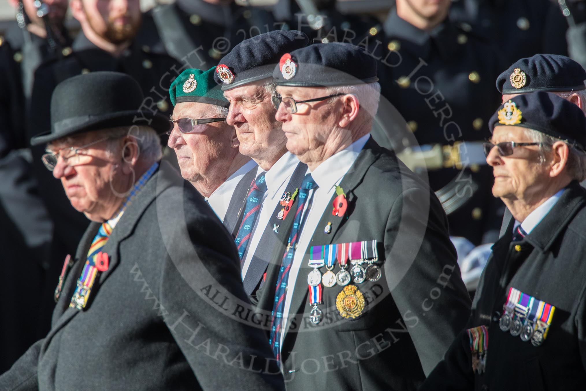 The Coronation Intake, Royal Military Academy Sandhurst (Group F11, 11 members) during the Royal British Legion March Past on Remembrance Sunday at the Cenotaph, Whitehall, Westminster, London, 11 November 2018, 11:51.