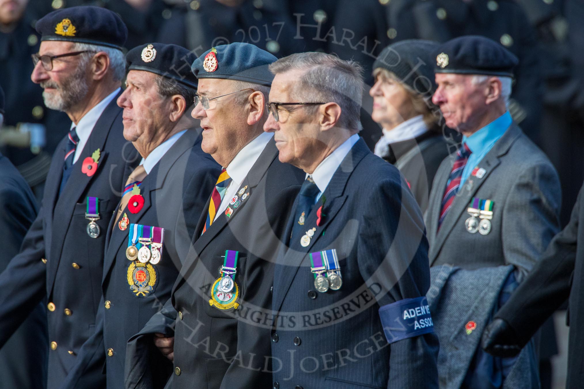 Aden Veterans Association (Group F16, 53 members) during the Royal British Legion March Past on Remembrance Sunday at the Cenotaph, Whitehall, Westminster, London, 11 November 2018, 11:52.