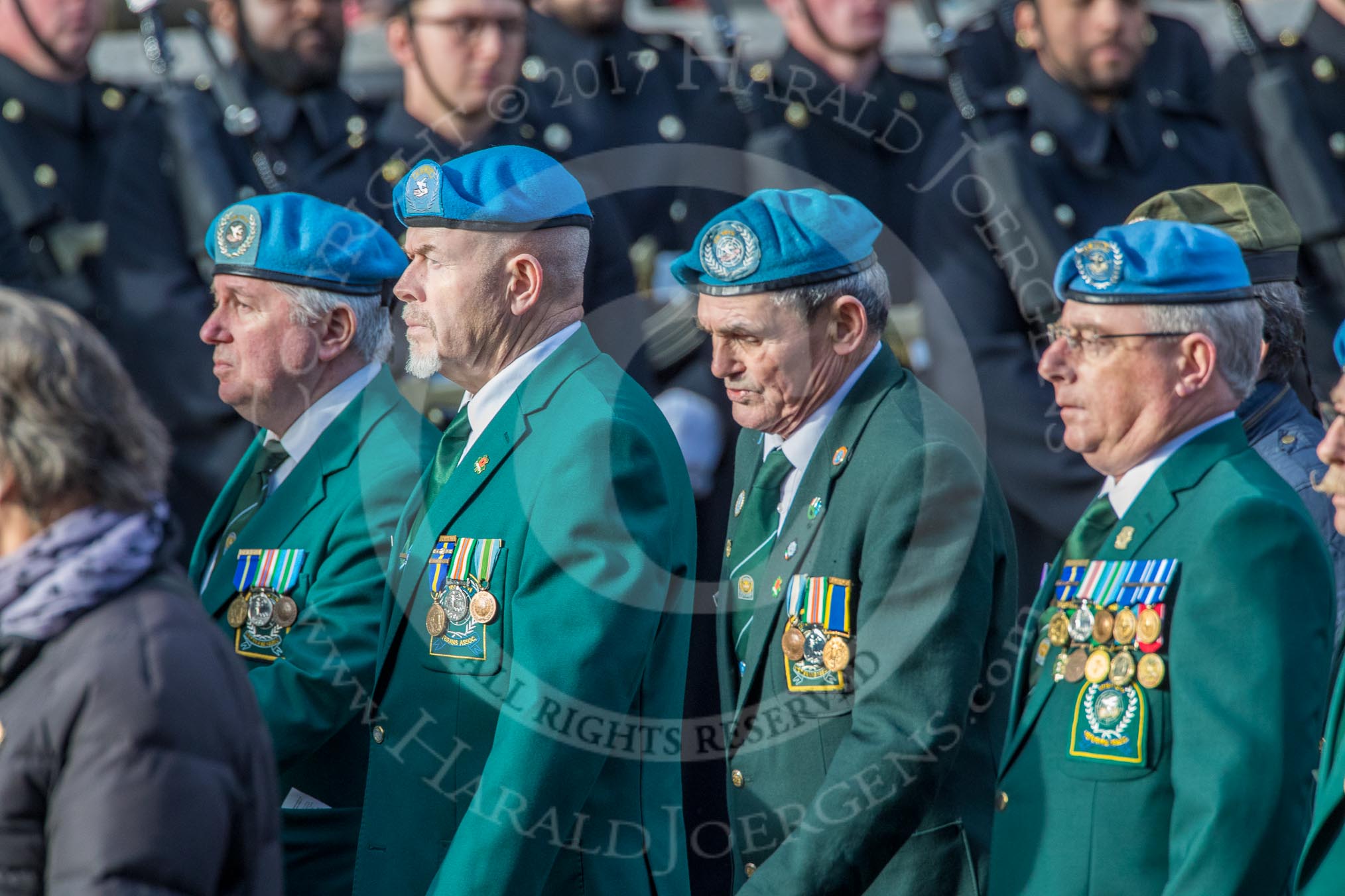 Irish United Nations Veterans Association  (Group F18, 14 members)  during the Royal British Legion March Past on Remembrance Sunday at the Cenotaph, Whitehall, Westminster, London, 11 November 2018, 11:53.