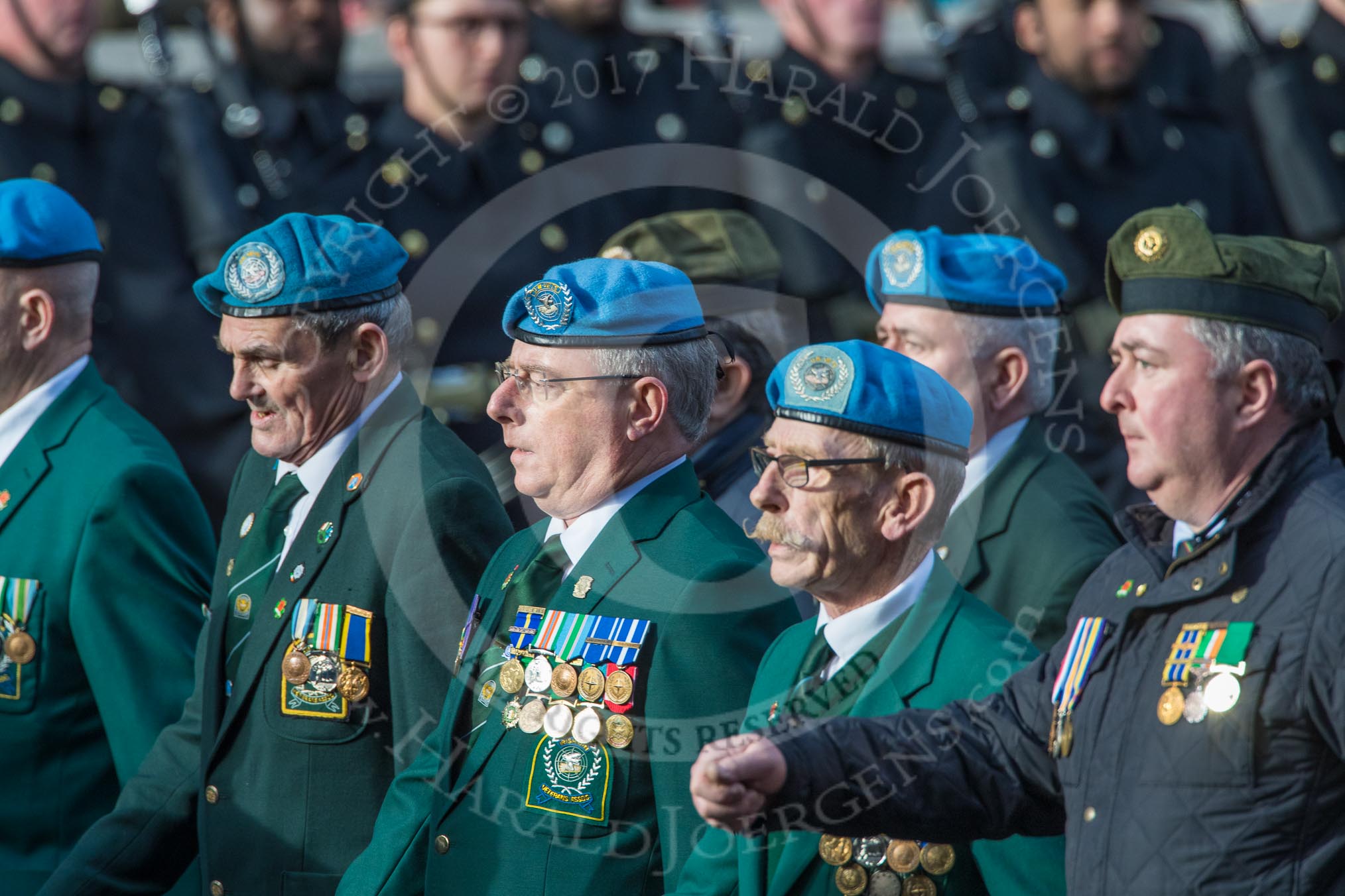 Irish United Nations Veterans Association  (Group F18, 14 members) during the Royal British Legion March Past on Remembrance Sunday at the Cenotaph, Whitehall, Westminster, London, 11 November 2018, 11:53.