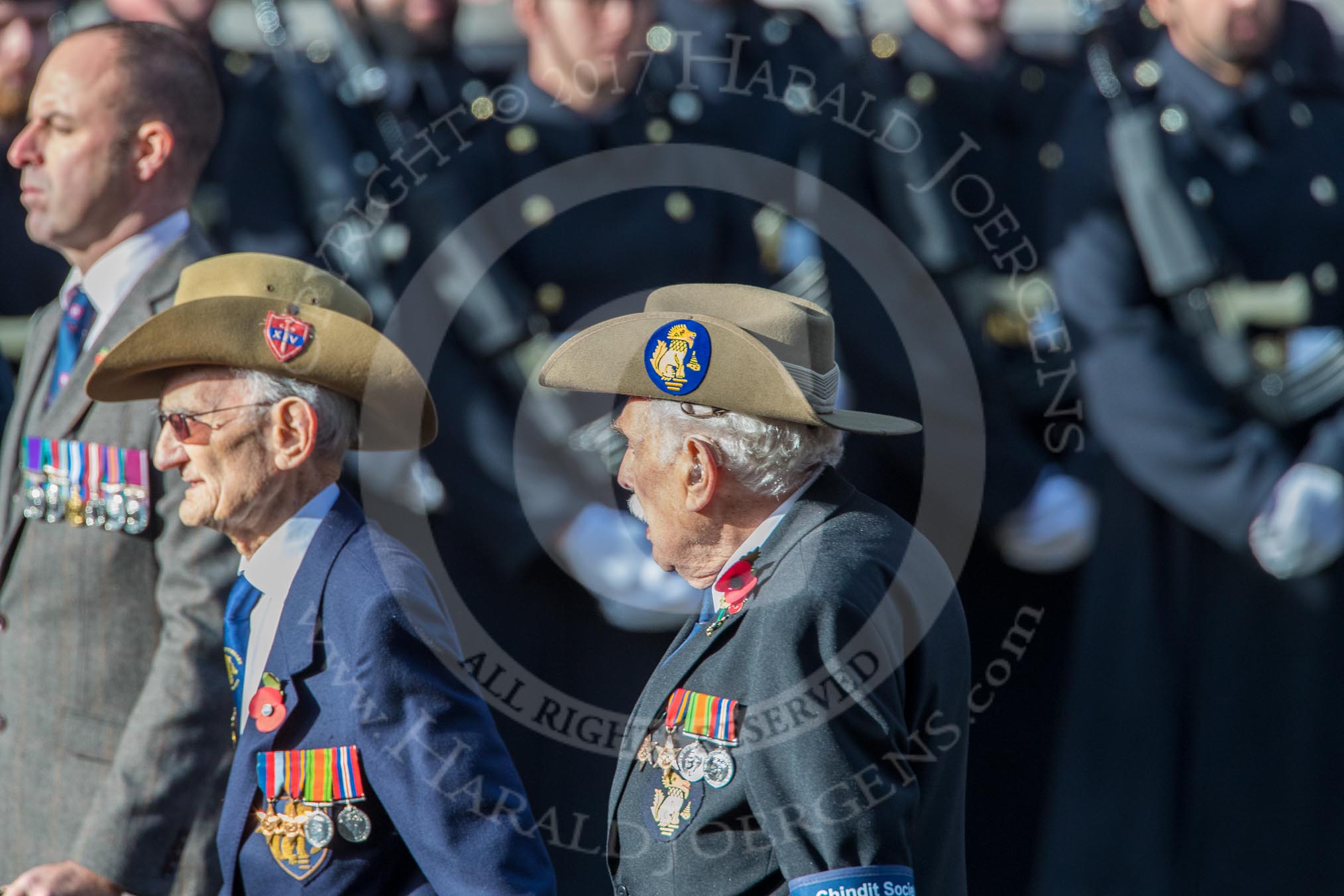 Canadian Veterans Association, UK (Group F19, 10 members) during the Royal British Legion March Past on Remembrance Sunday at the Cenotaph, Whitehall, Westminster, London, 11 November 2018, 11:53.