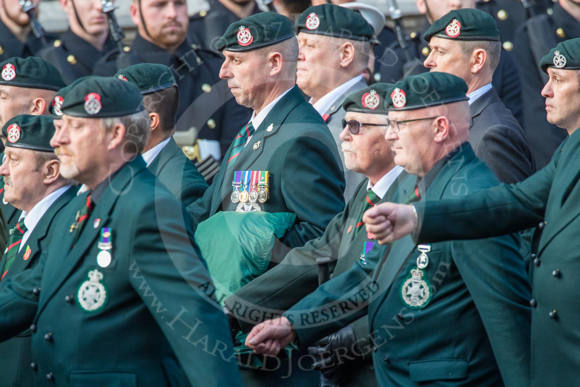 Royal Green Jackets (Group A2, 153 members)  during the Royal British Legion March Past on Remembrance Sunday at the Cenotaph, Whitehall, Westminster, London, 11 November 2018, 11:55.