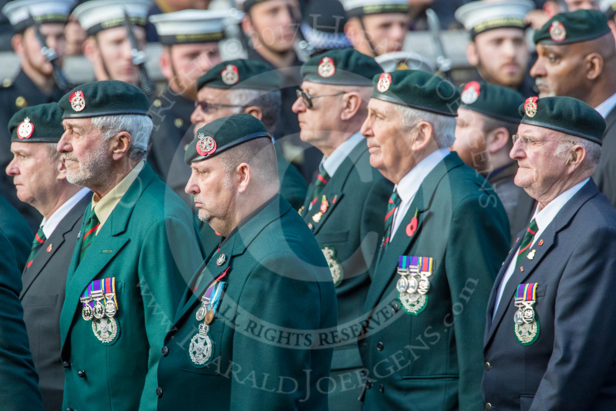 Royal Green Jackets (Group A2, 153 members)  during the Royal British Legion March Past on Remembrance Sunday at the Cenotaph, Whitehall, Westminster, London, 11 November 2018, 11:55.