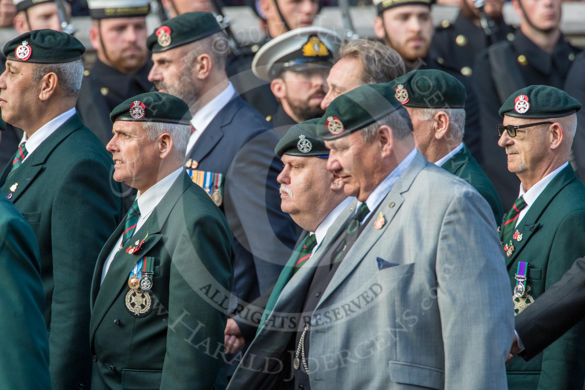 Royal Green Jackets (Group A2, 153 members) during the Royal British Legion March Past on Remembrance Sunday at the Cenotaph, Whitehall, Westminster, London, 11 November 2018, 11:55.