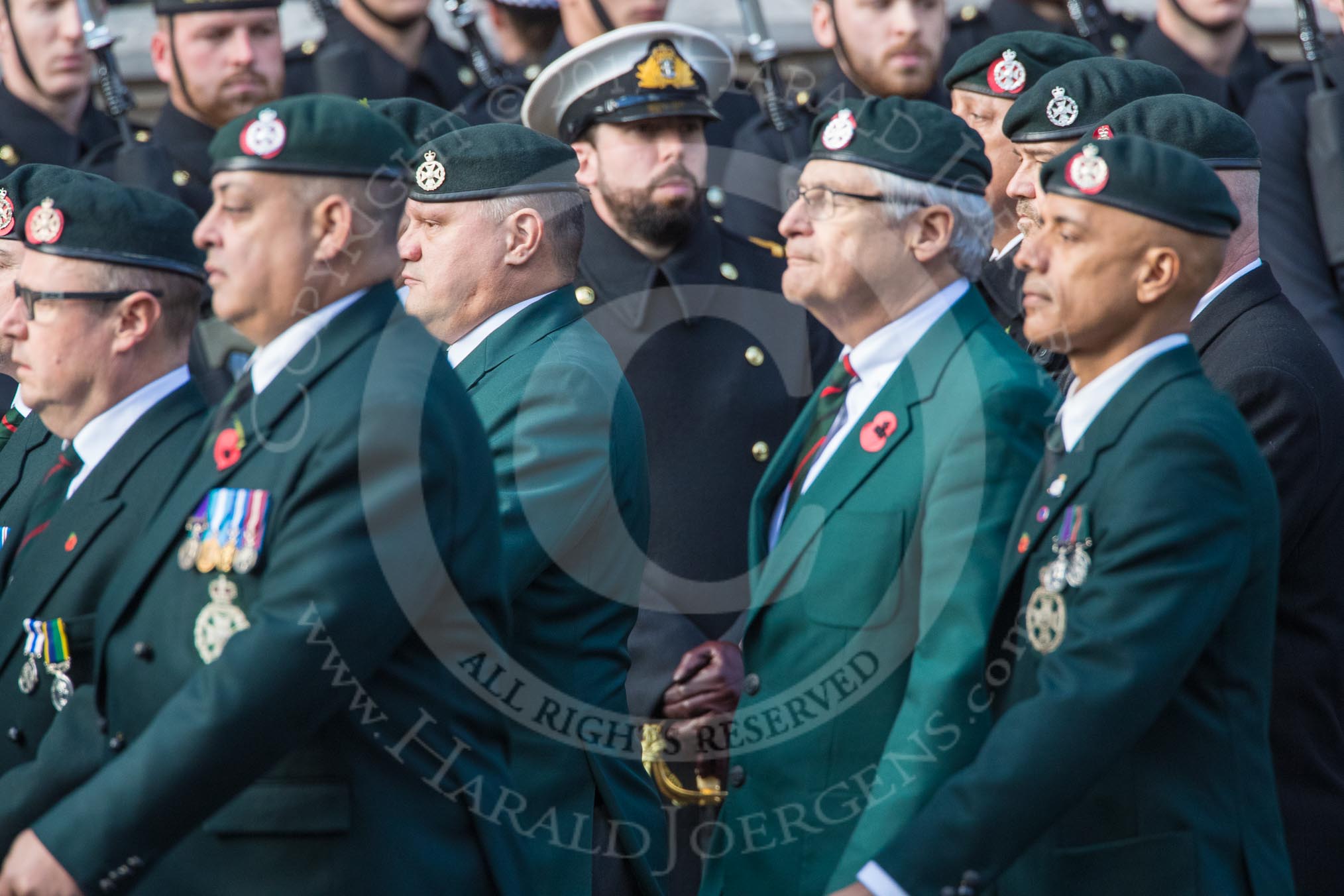 Royal Green Jackets (Group A2, 153 members) during the Royal British Legion March Past on Remembrance Sunday at the Cenotaph, Whitehall, Westminster, London, 11 November 2018, 11:55.