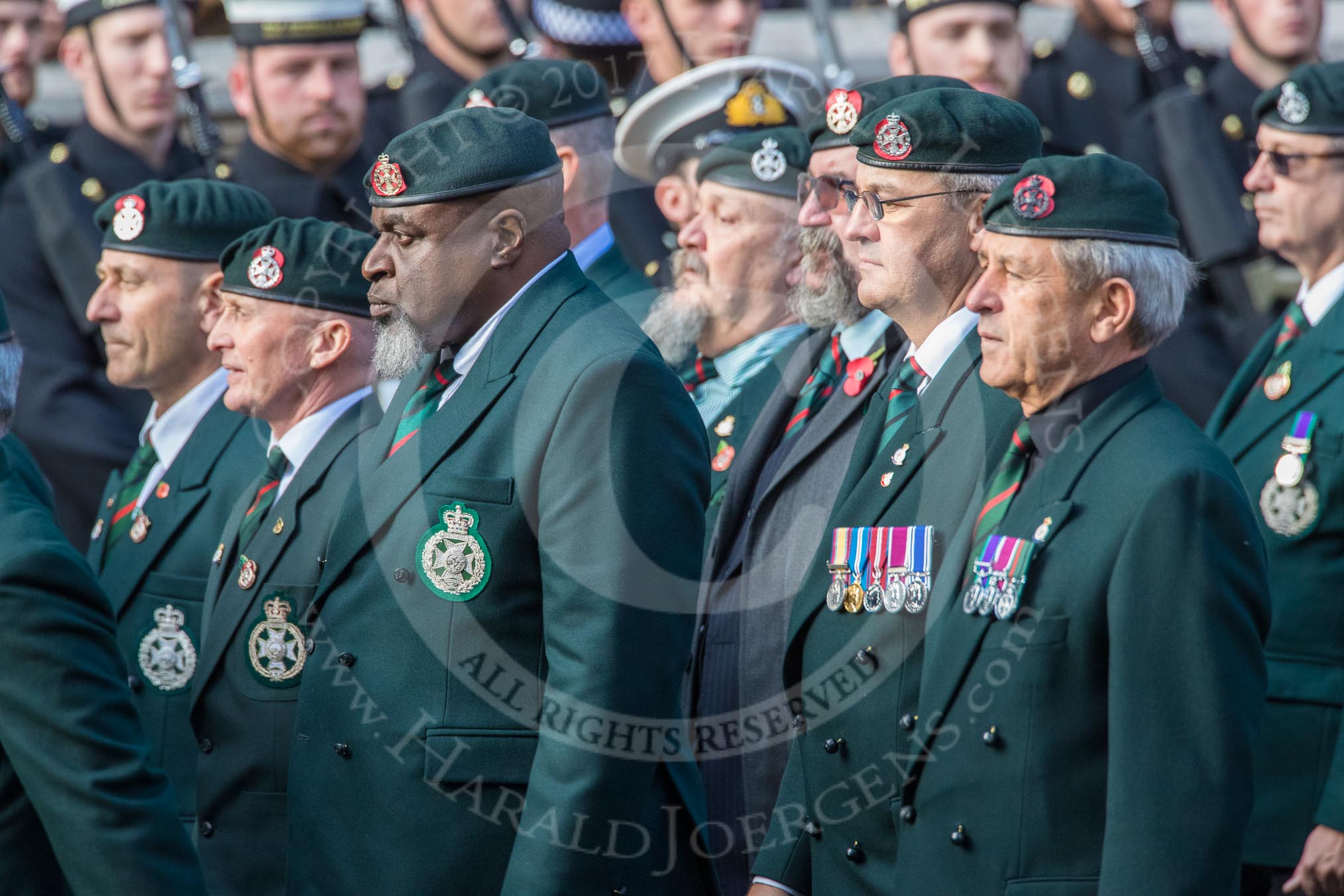 Royal Green Jackets (Group A2, 153 members) during the Royal British Legion March Past on Remembrance Sunday at the Cenotaph, Whitehall, Westminster, London, 11 November 2018, 11:55.