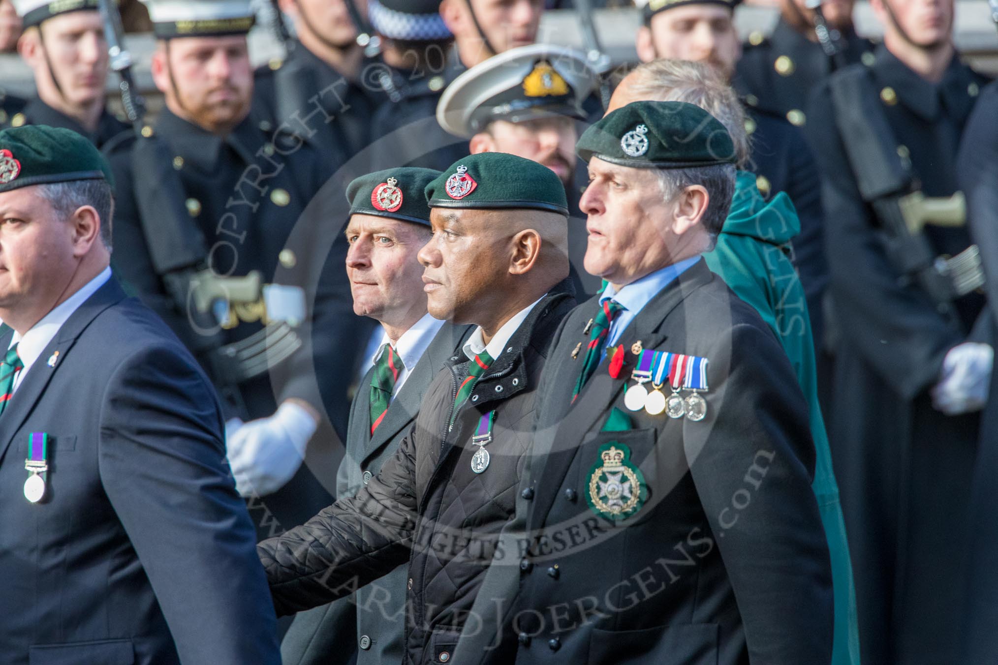 Royal Green Jackets (Group A2, 153 members) during the Royal British Legion March Past on Remembrance Sunday at the Cenotaph, Whitehall, Westminster, London, 11 November 2018, 11:55.