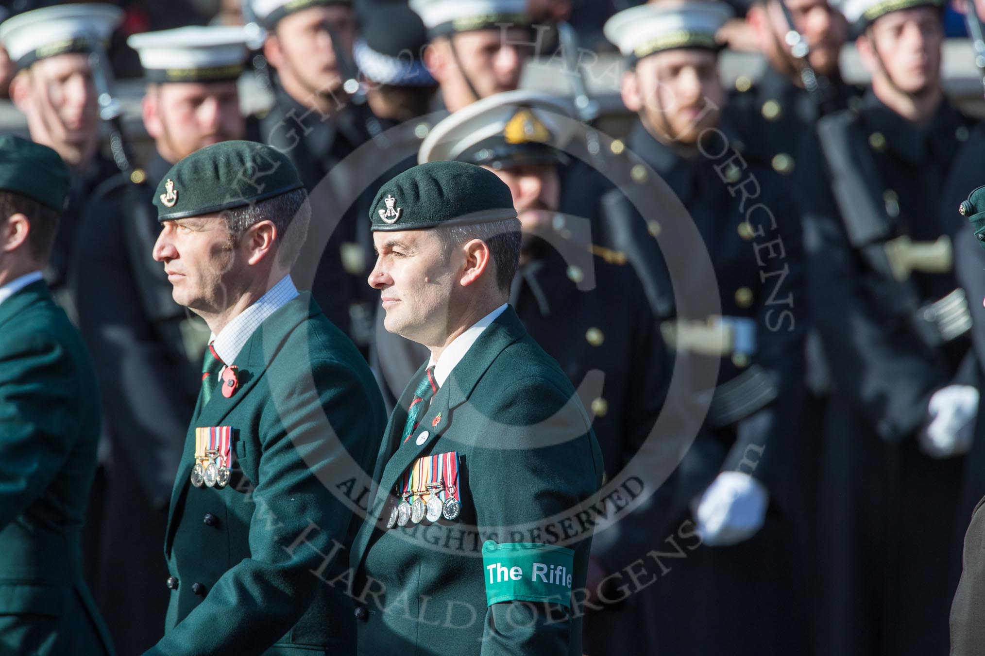 The Rifles Regimental Association (Group A3, 21 members) during the Royal British Legion March Past on Remembrance Sunday at the Cenotaph, Whitehall, Westminster, London, 11 November 2018, 11:56.