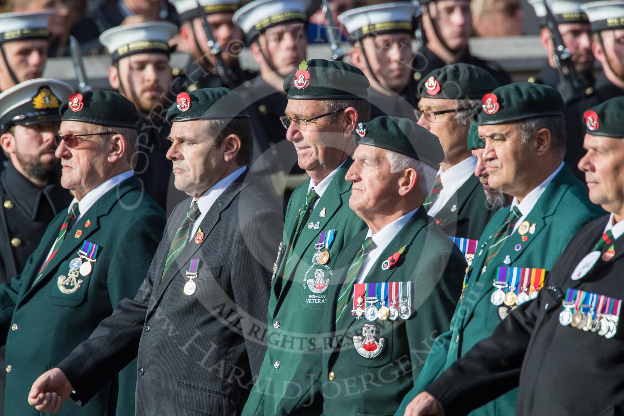 The Light Infantry Association (Group A4, 26 members) during the Royal British Legion March Past on Remembrance Sunday at the Cenotaph, Whitehall, Westminster, London, 11 November 2018, 11:56.