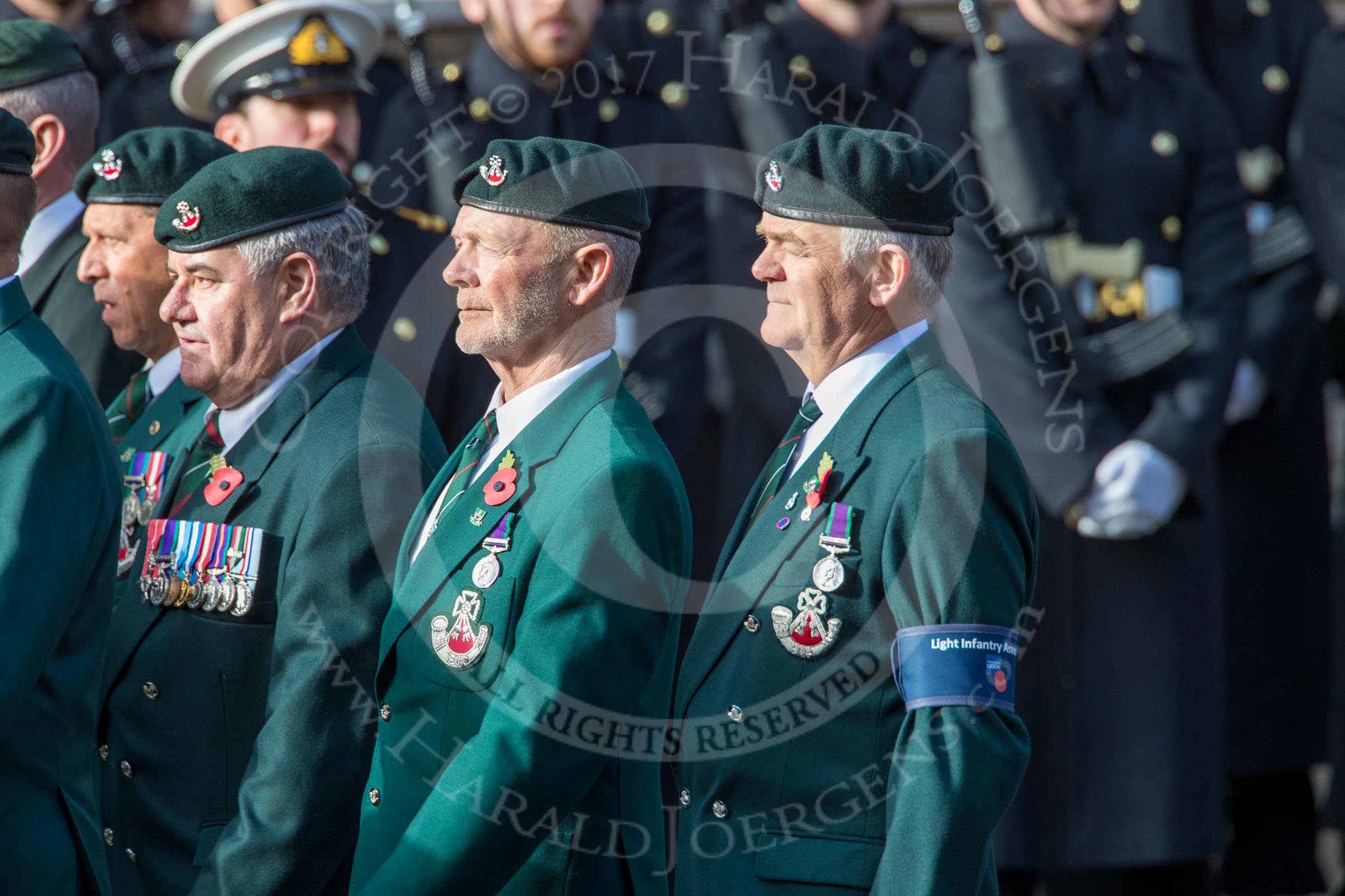 The Light Infantry Association (Group A4, 26 members) during the Royal British Legion March Past on Remembrance Sunday at the Cenotaph, Whitehall, Westminster, London, 11 November 2018, 11:56.