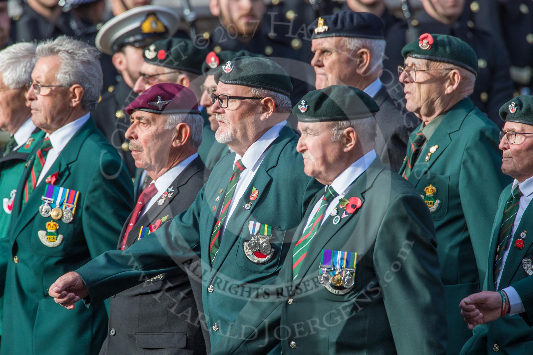 Durham Light Infantry Association (Group A5, 27 members) during the Royal British Legion March Past on Remembrance Sunday at the Cenotaph, Whitehall, Westminster, London, 11 November 2018, 11:56.