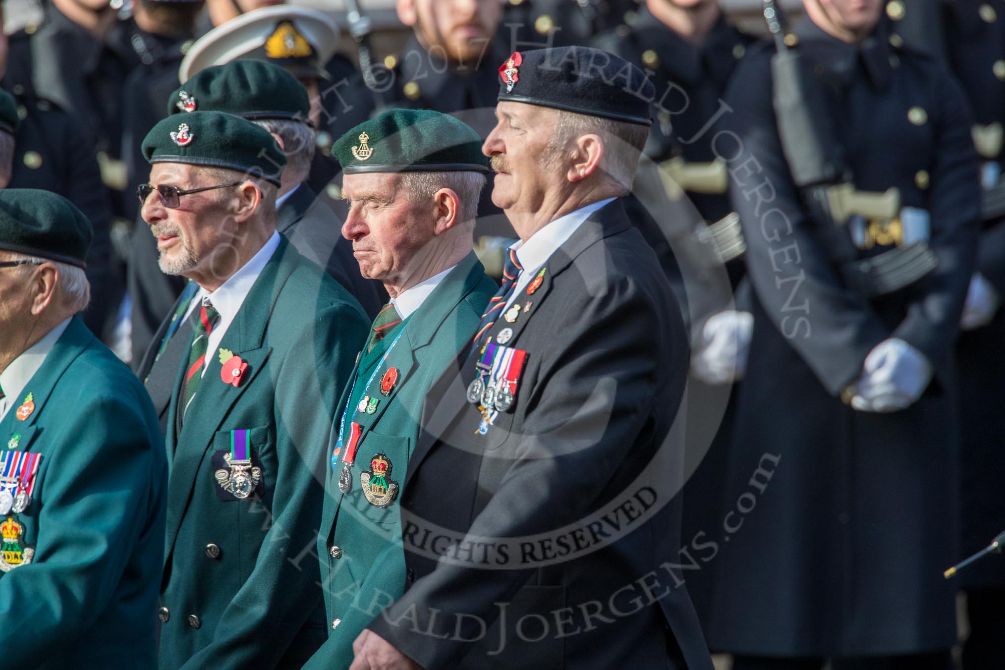 Durham Light Infantry Association (Group A5, 27 members) during the Royal British Legion March Past on Remembrance Sunday at the Cenotaph, Whitehall, Westminster, London, 11 November 2018, 11:56.