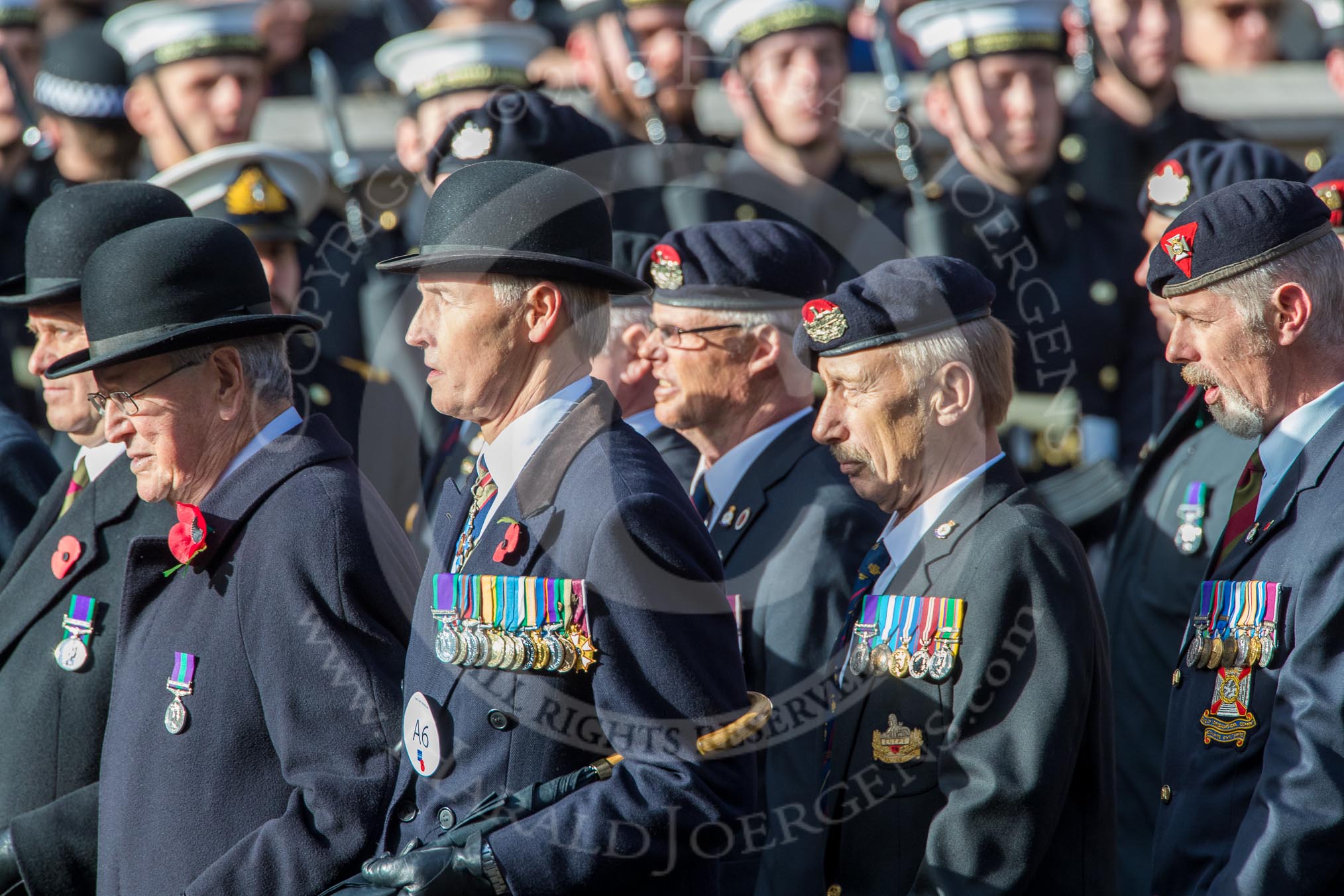 Regimental Association of The Rifles and The Royal Gloucestershire (Group A6, 33 members) during the Royal British Legion March Past on Remembrance Sunday at the Cenotaph, Whitehall, Westminster, London, 11 November 2018, 11:56.