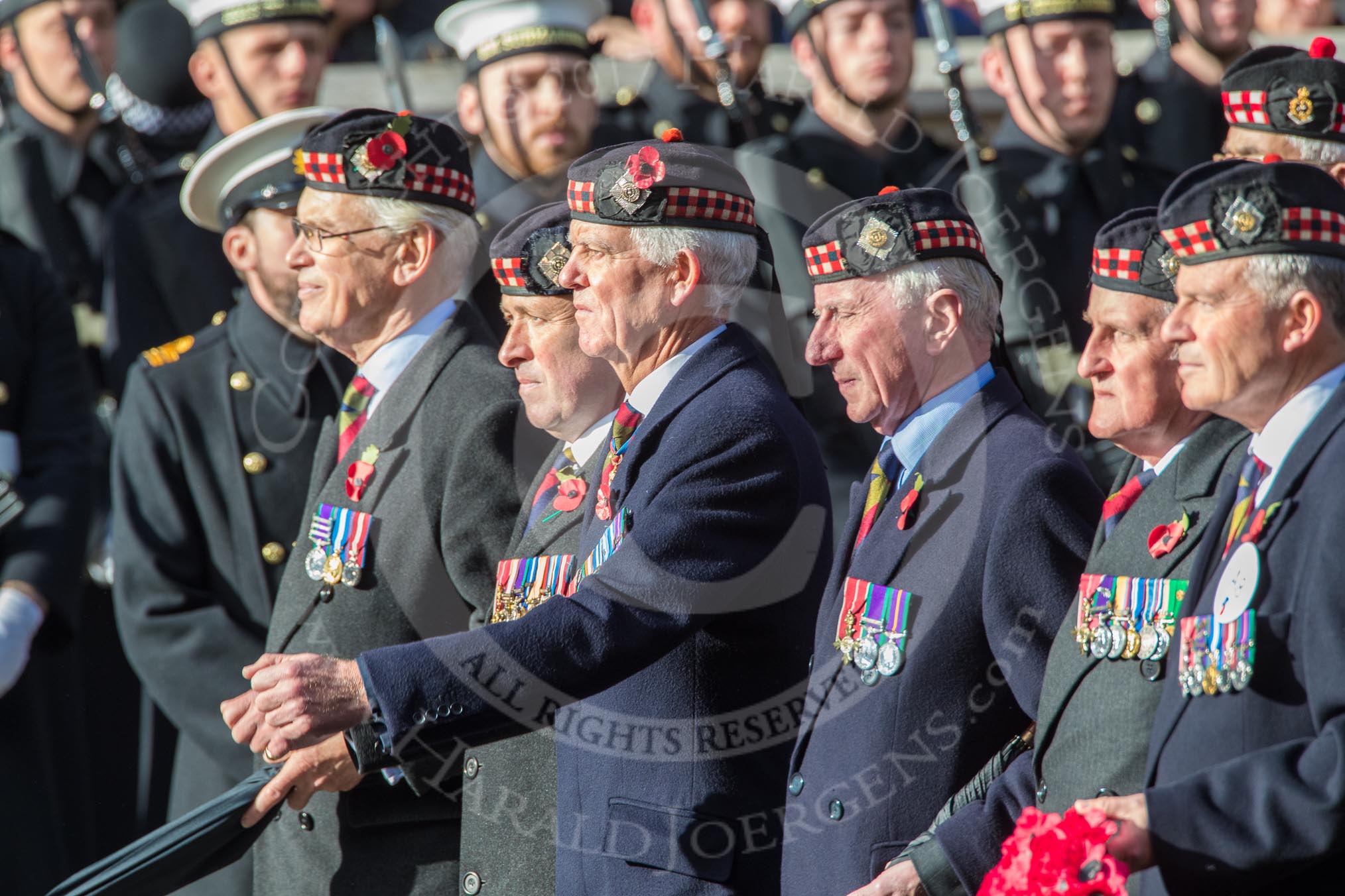 The Royal Scots Regimental Association (Group A8, 25 members) during the Royal British Legion March Past on Remembrance Sunday at the Cenotaph, Whitehall, Westminster, London, 11 November 2018, 11:56.