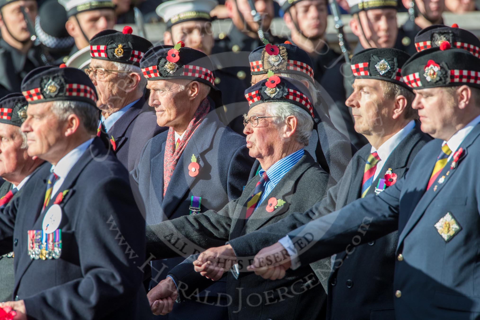 The Royal Scots Regimental Association (Group A8, 25 members) during the Royal British Legion March Past on Remembrance Sunday at the Cenotaph, Whitehall, Westminster, London, 11 November 2018, 11:56.