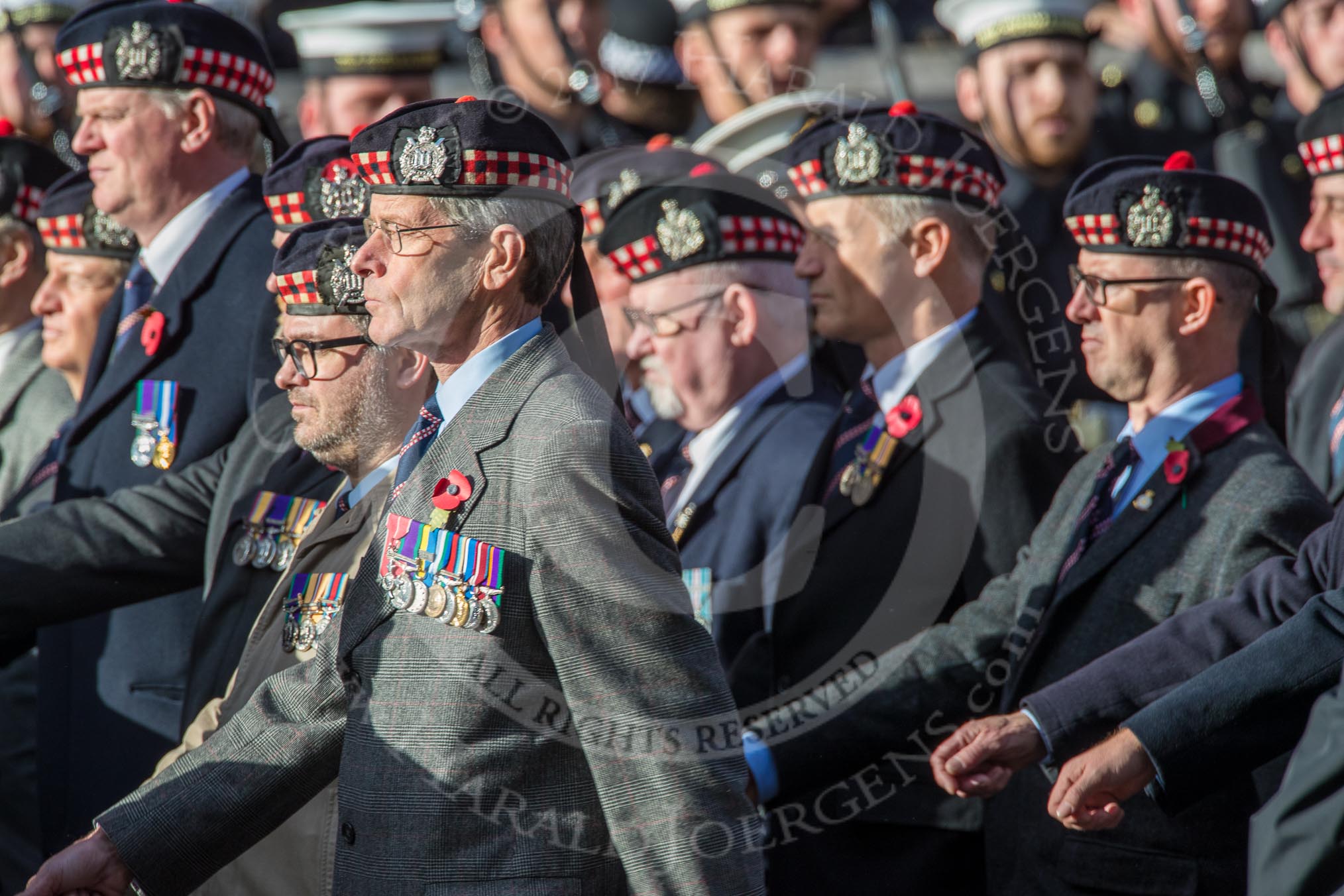 KOSB -The Kings Own Scottish Borderers Association (Group A9, 75 members) during the Royal British Legion March Past on Remembrance Sunday at the Cenotaph, Whitehall, Westminster, London, 11 November 2018, 11:57.