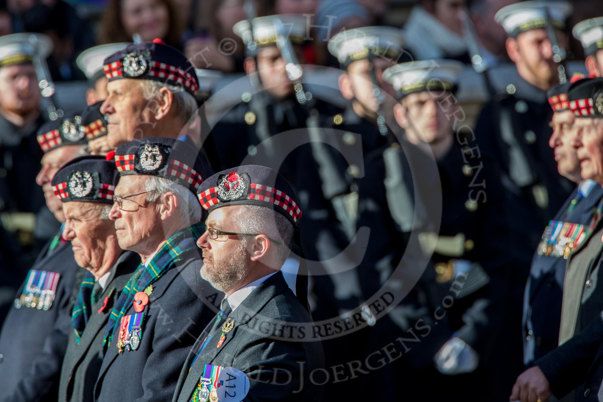 The Gordon Highlanders London Association (Group A12, 37 members) during the Royal British Legion March Past on Remembrance Sunday at the Cenotaph, Whitehall, Westminster, London, 11 November 2018, 11:58.