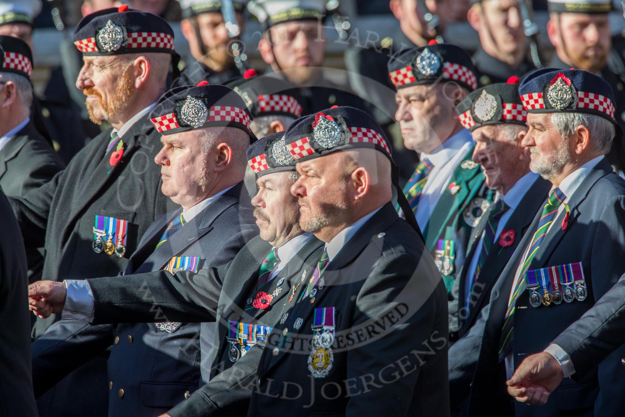 The Regimental Association of the Argyll and Sutherland High (Group A13, 50 members) during the Royal British Legion March Past on Remembrance Sunday at the Cenotaph, Whitehall, Westminster, London, 11 November 2018, 11:58.