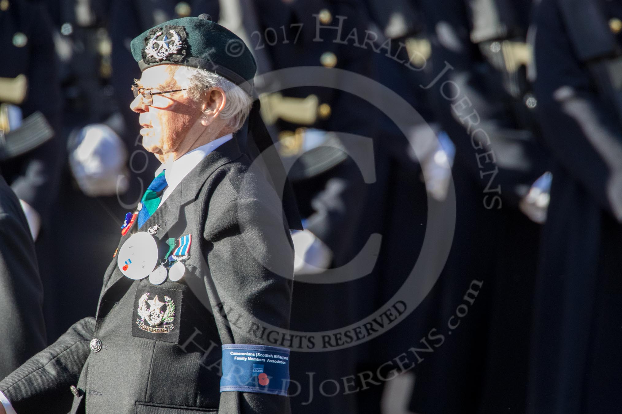 Cameronians (Scottish Rifles) and Family Members Associatiation (Group A14, 6 members) during the Royal British Legion March Past on Remembrance Sunday at the Cenotaph, Whitehall, Westminster, London, 11 November 2018, 11:58.