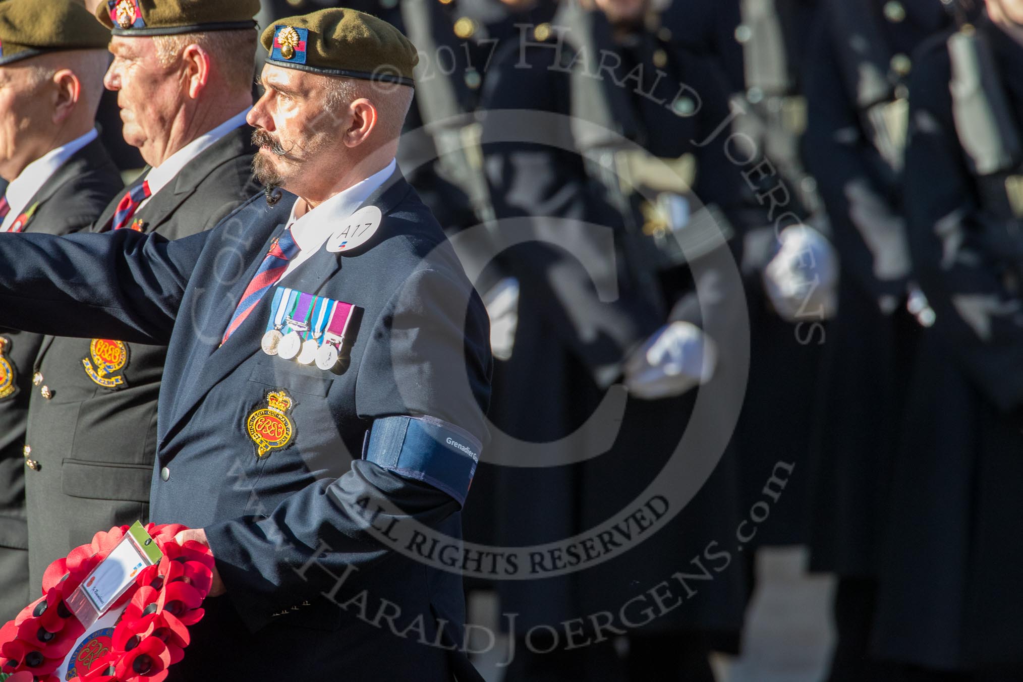 Grenadier Guards Association (Group A17, 4 members) during the Royal British Legion March Past on Remembrance Sunday at the Cenotaph, Whitehall, Westminster, London, 11 November 2018, 11:58.