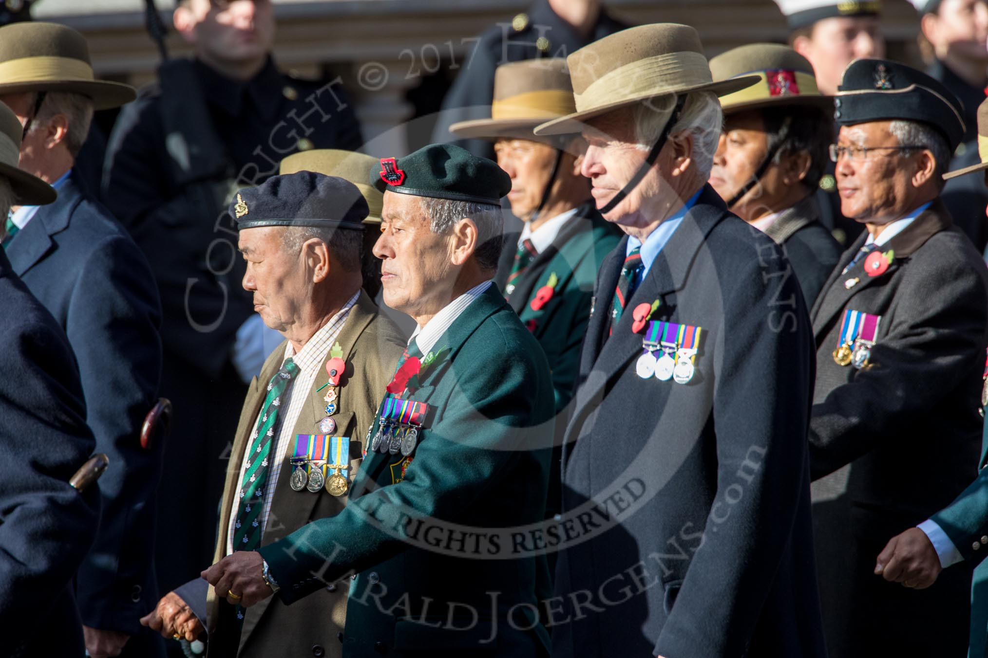 Gurkha Brigade Association (Group A25, 80 members) during the Royal British Legion March Past on Remembrance Sunday at the Cenotaph, Whitehall, Westminster, London, 11 November 2018, 12:00.