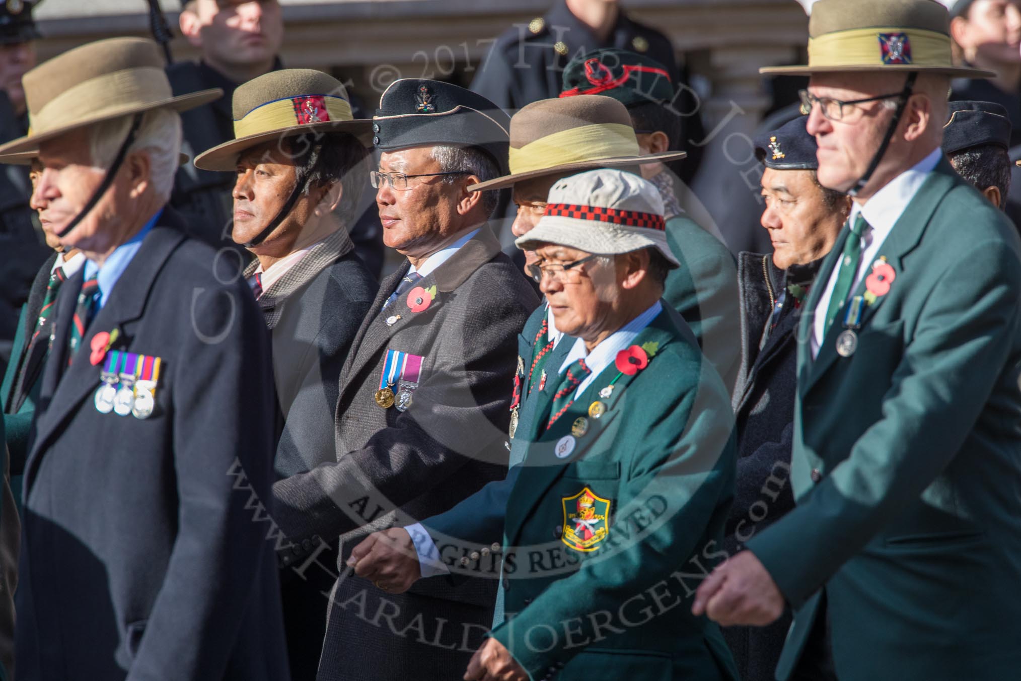 Gurkha Brigade Association (Group A25, 80 members) during the Royal British Legion March Past on Remembrance Sunday at the Cenotaph, Whitehall, Westminster, London, 11 November 2018, 12:00.