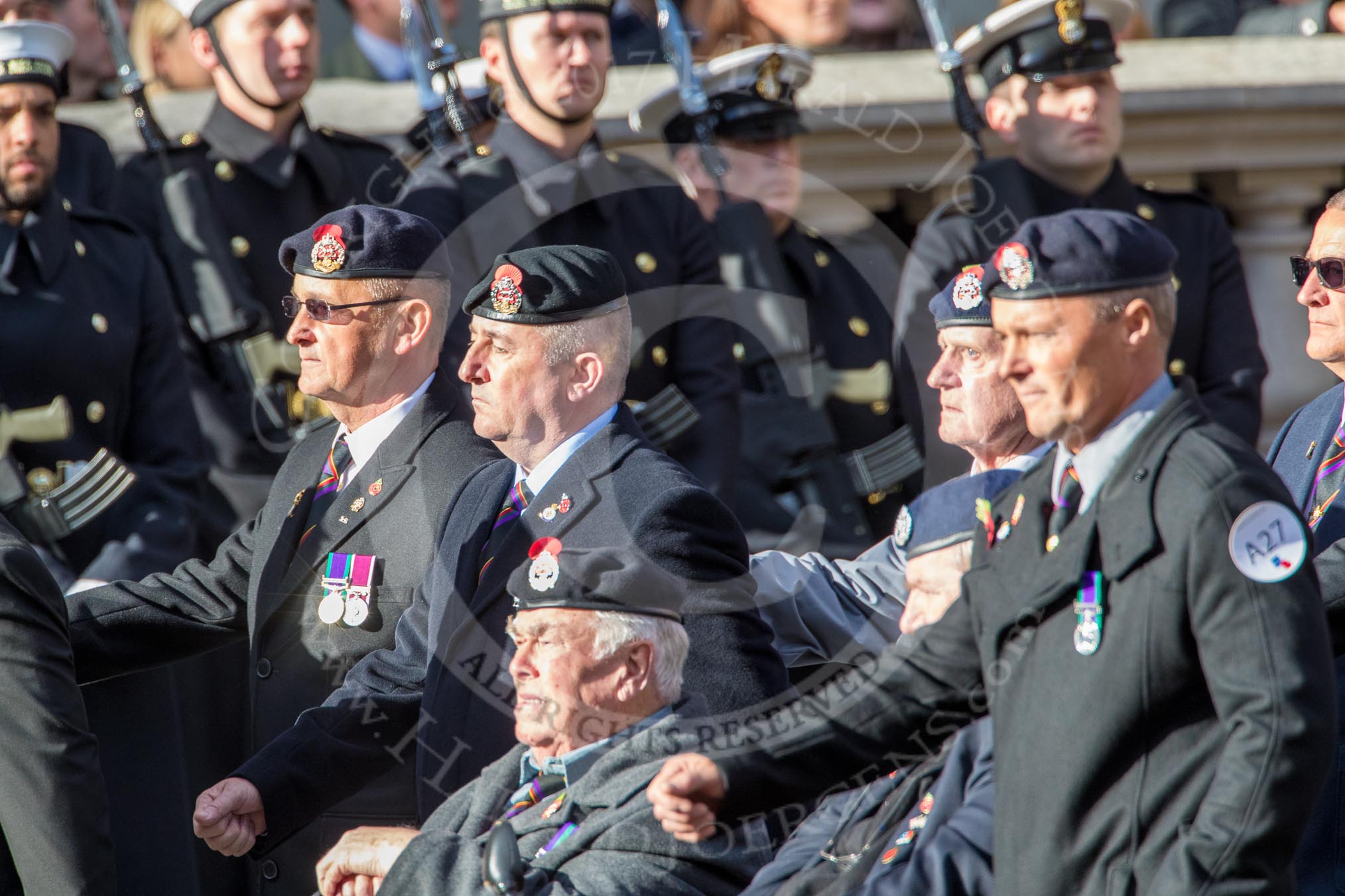 The Royal Hampshire Regimental Association (Group A27, 51 members) during the Royal British Legion March Past on Remembrance Sunday at the Cenotaph, Whitehall, Westminster, London, 11 November 2018, 12:01.
