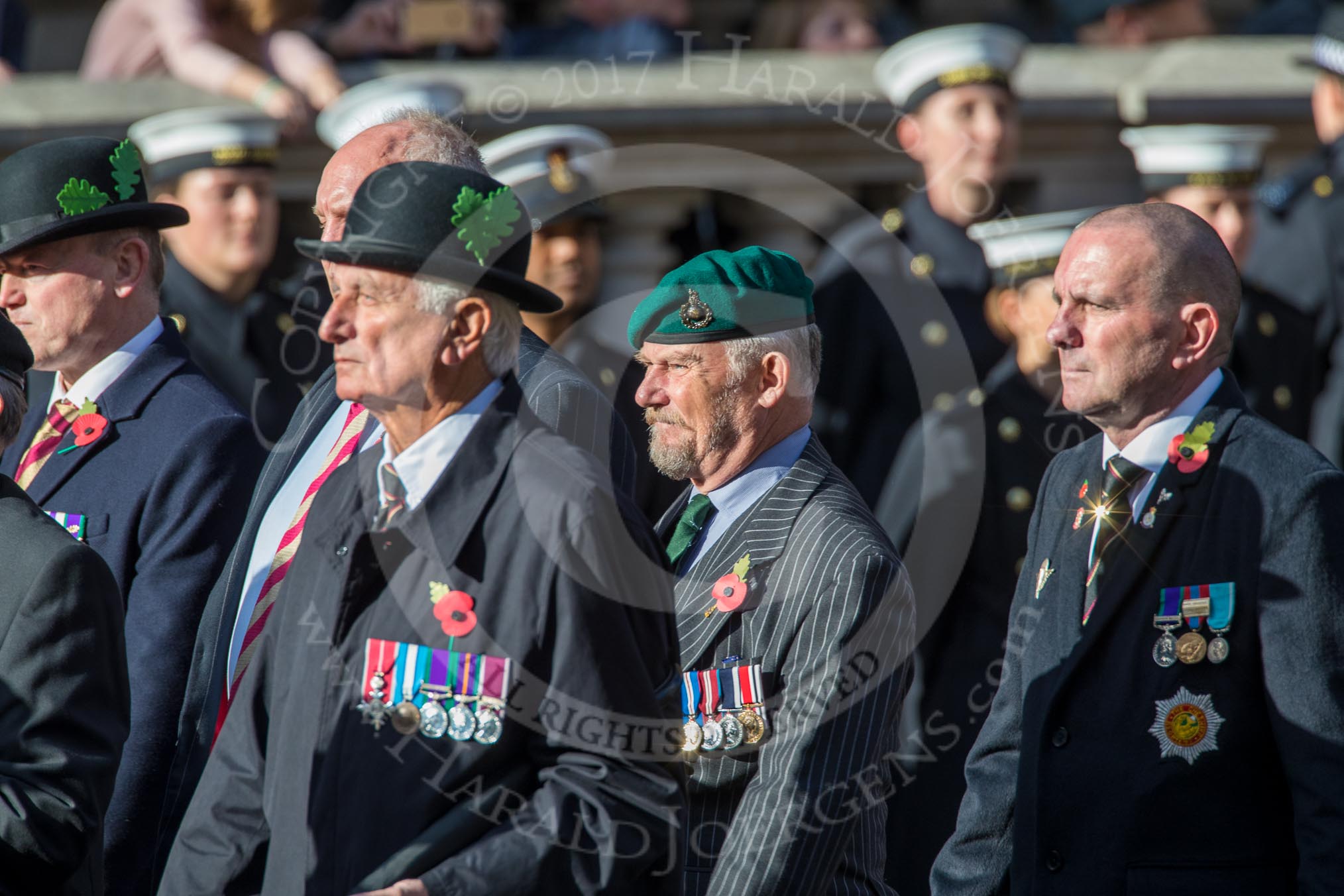 Cheshire Regiment Association (Group A30, 24 members) during the Royal British Legion March Past on Remembrance Sunday at the Cenotaph, Whitehall, Westminster, London, 11 November 2018, 12:01.