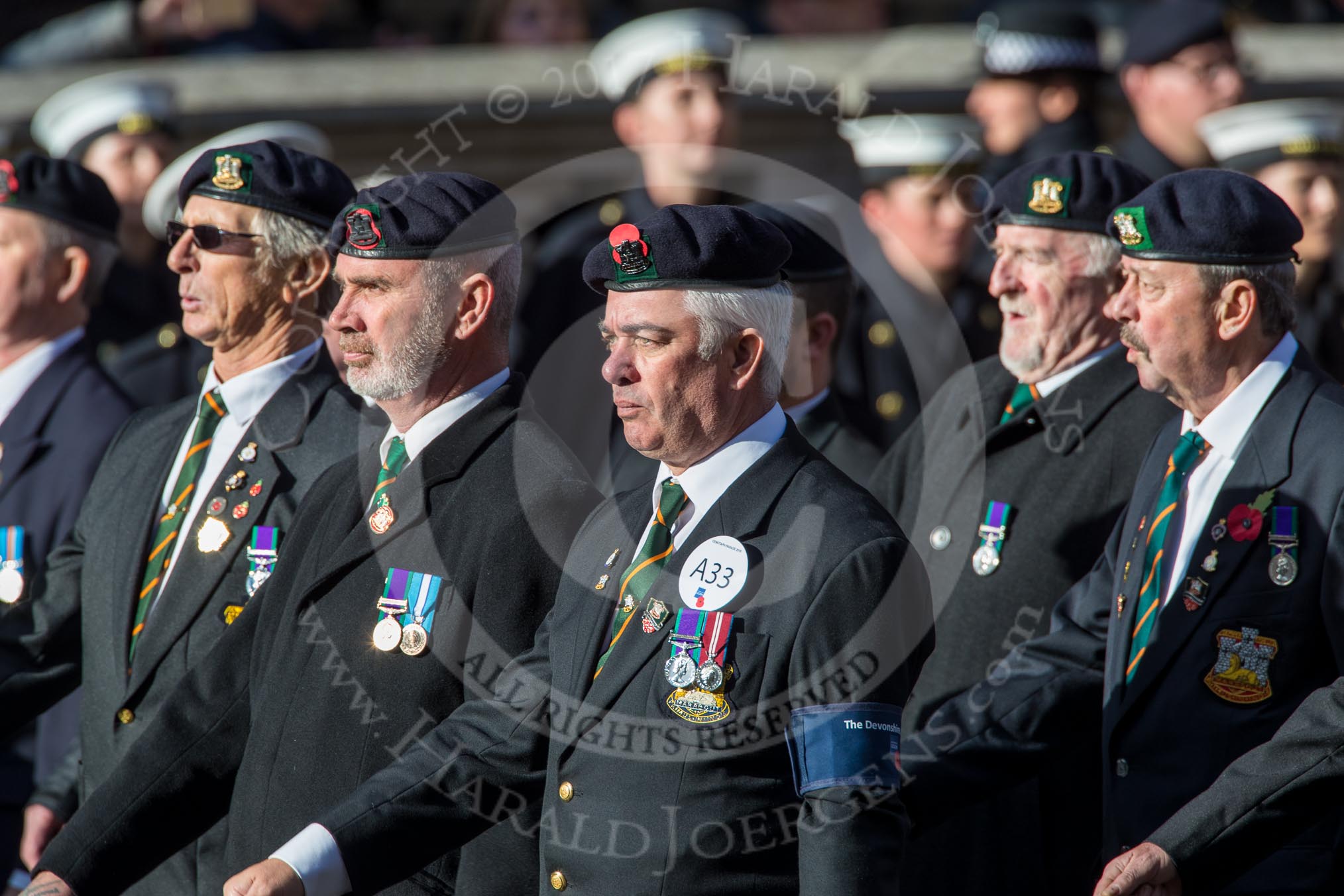 The Devonshire and Dorset Regimental Association (Group A33, 20 members) during the Royal British Legion March Past on Remembrance Sunday at the Cenotaph, Whitehall, Westminster, London, 11 November 2018, 12:02.
