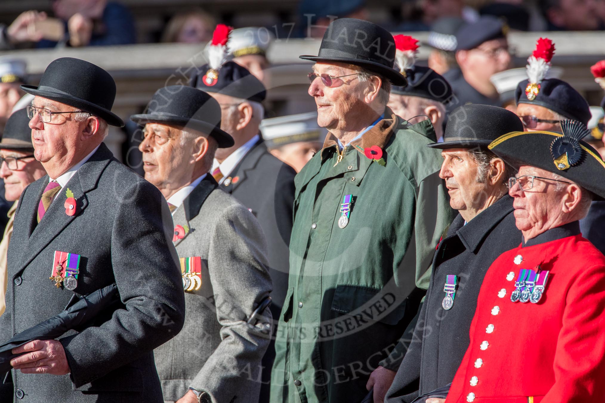 The Northumberland Fusiliers All Ranks Club (Group A34, 41 members) during the Royal British Legion March Past on Remembrance Sunday at the Cenotaph, Whitehall, Westminster, London, 11 November 2018, 12:02.
