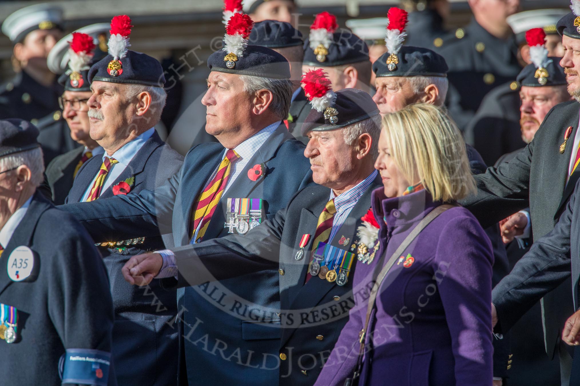 Fusiliers Association  Lancashire (Group A35, 34 members) during the Royal British Legion March Past on Remembrance Sunday at the Cenotaph, Whitehall, Westminster, London, 11 November 2018, 12:02.