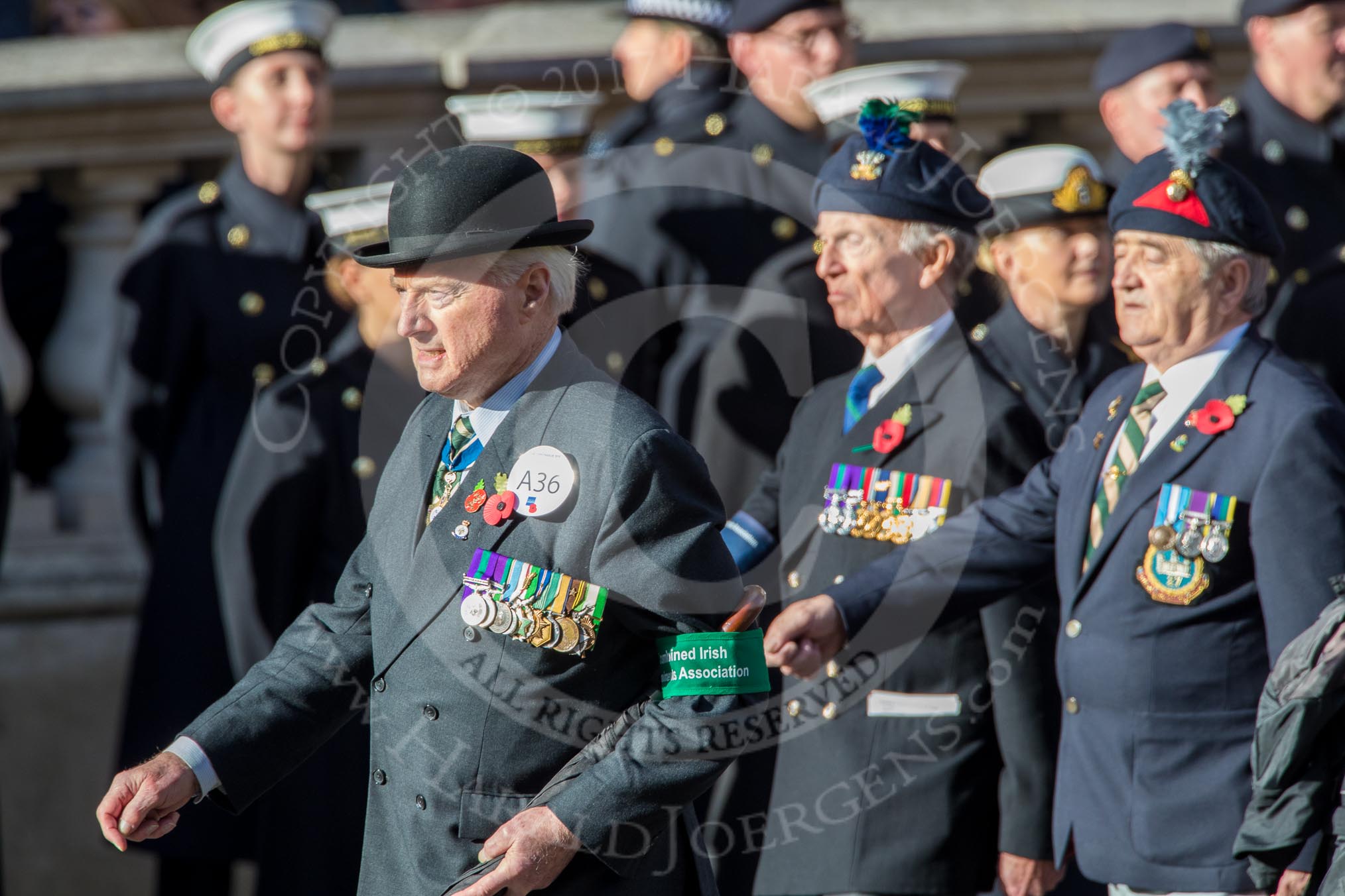 Combined Irish Regiments Association (Group A36, 34 members) during the Royal British Legion March Past on Remembrance Sunday at the Cenotaph, Whitehall, Westminster, London, 11 November 2018, 12:02.