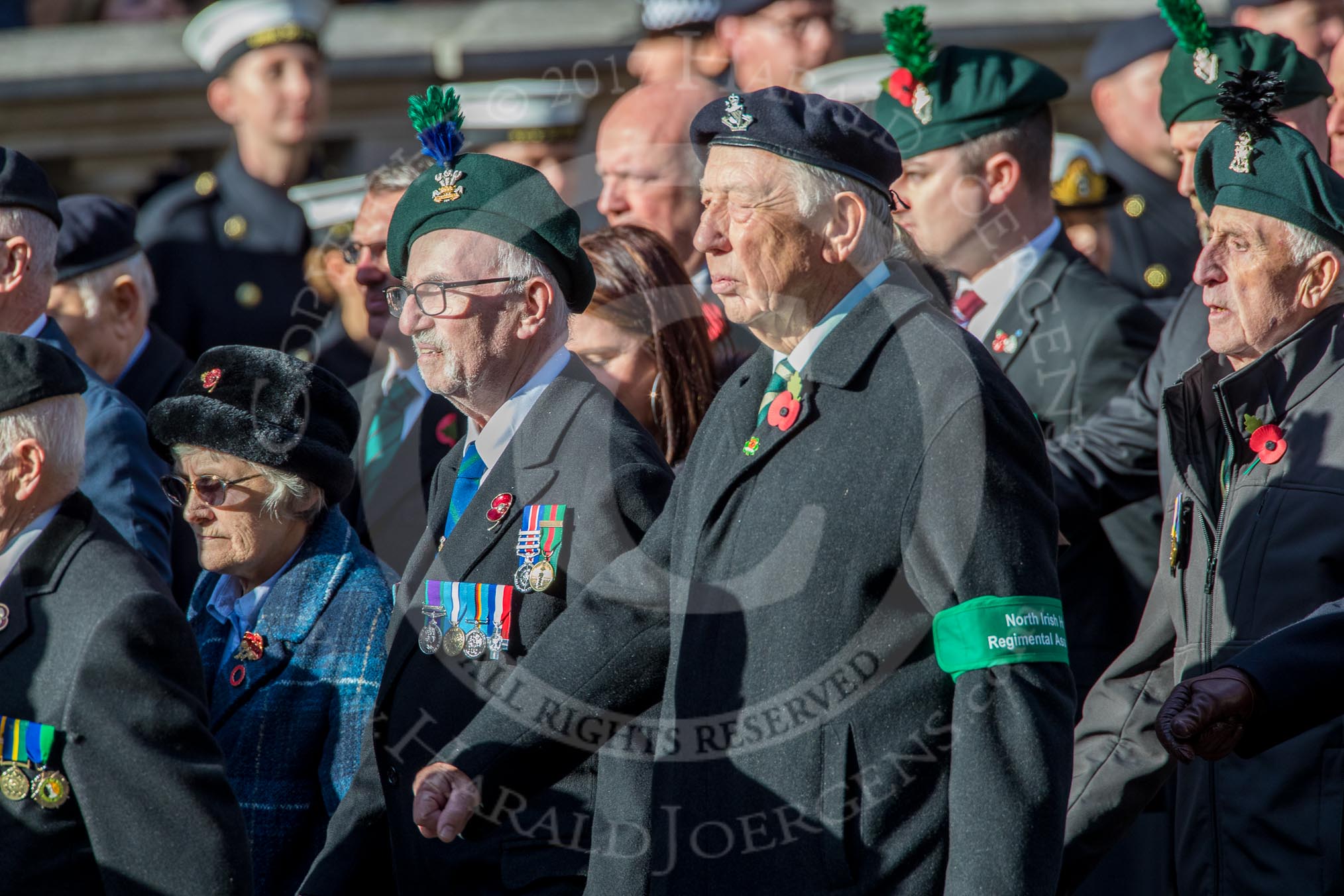 Combined Irish Regiments Association (Group A36, 34 members) during the Royal British Legion March Past on Remembrance Sunday at the Cenotaph, Whitehall, Westminster, London, 11 November 2018, 12:02.
