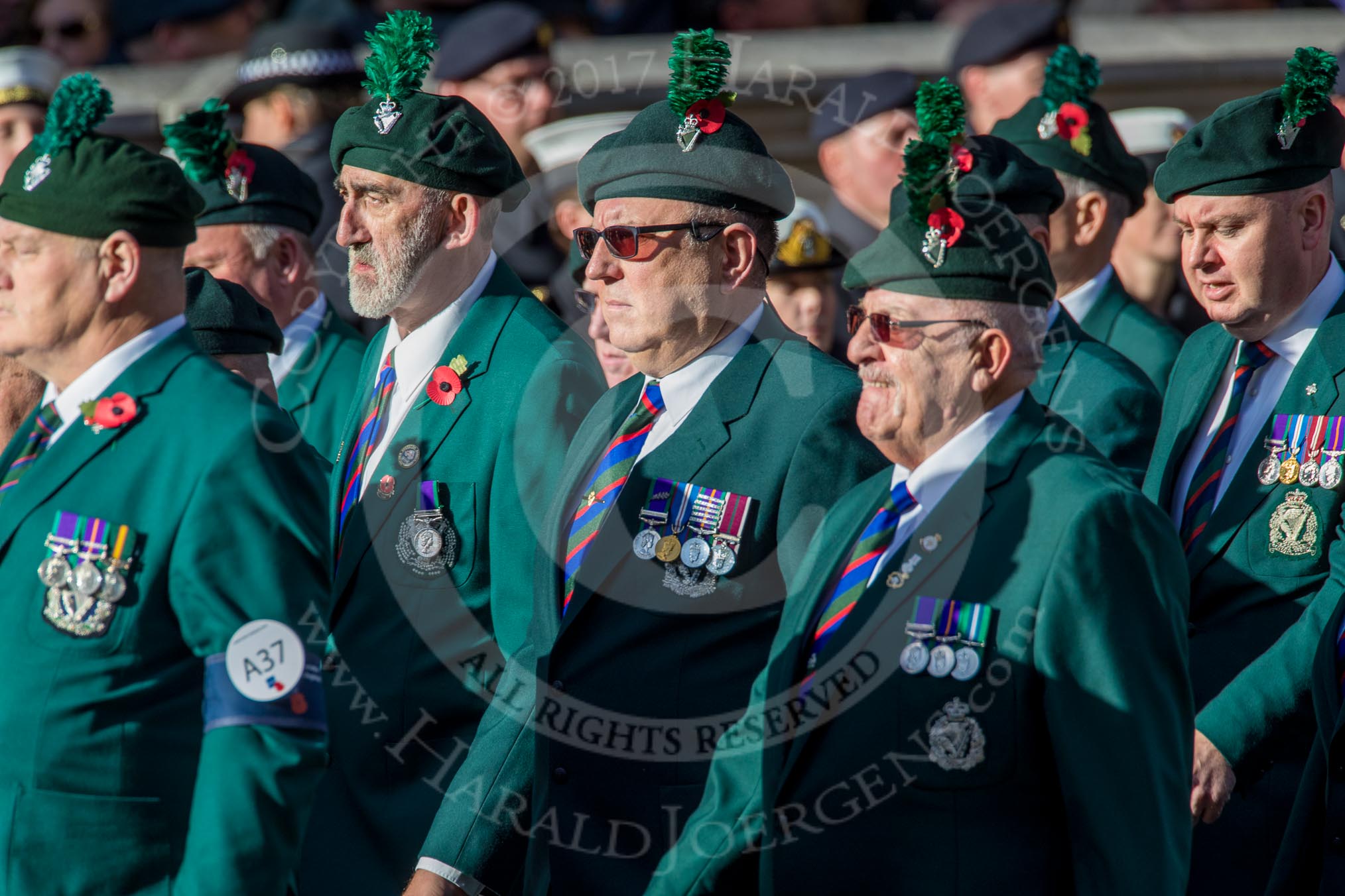 Regimental Association  of the Royal Irish Association (Group A37, 39 members) during the Royal British Legion March Past on Remembrance Sunday at the Cenotaph, Whitehall, Westminster, London, 11 November 2018, 12:02.