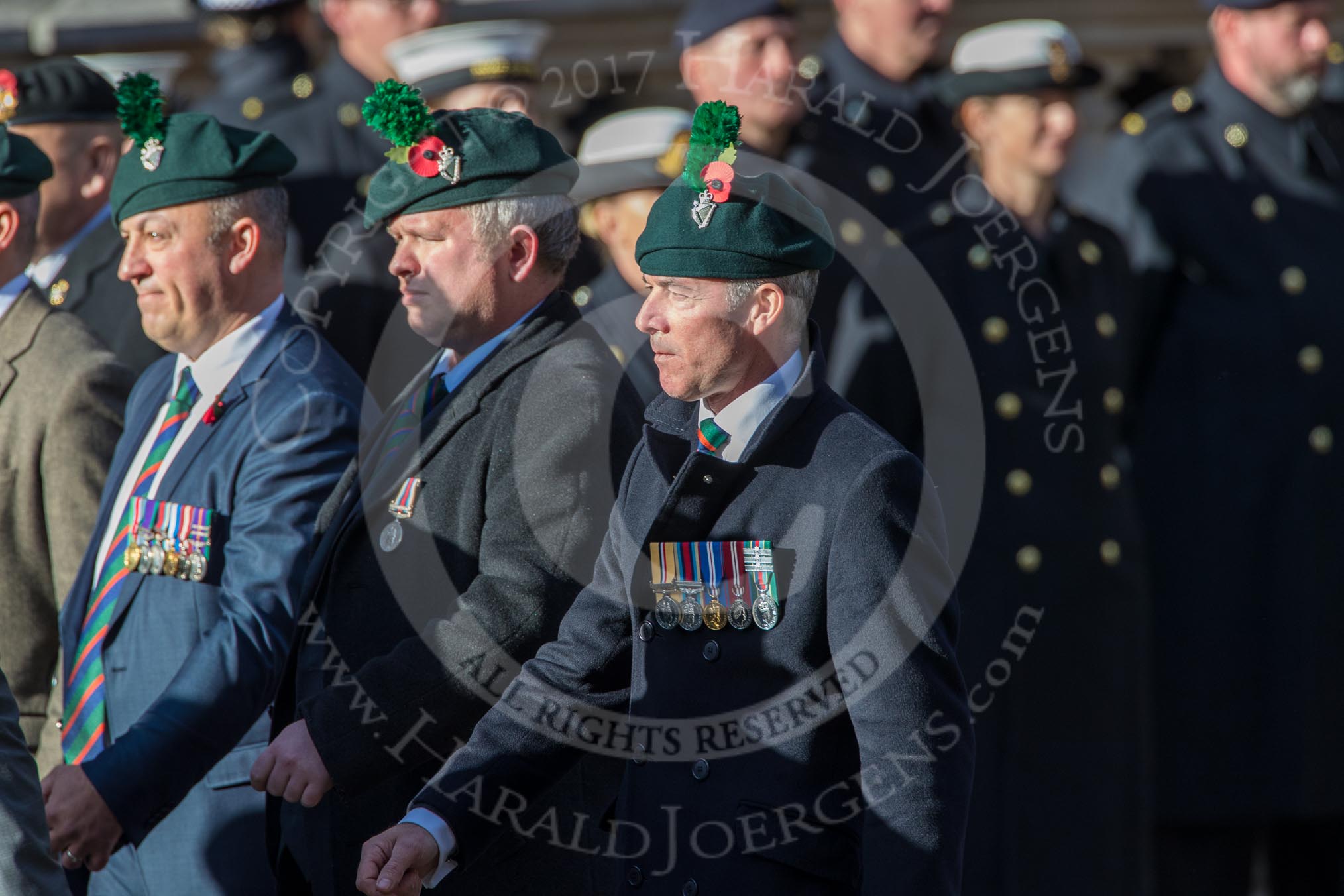 Regimental Association  of the Royal Irish Association (Group A37, 39 members) during the Royal British Legion March Past on Remembrance Sunday at the Cenotaph, Whitehall, Westminster, London, 11 November 2018, 12:03.