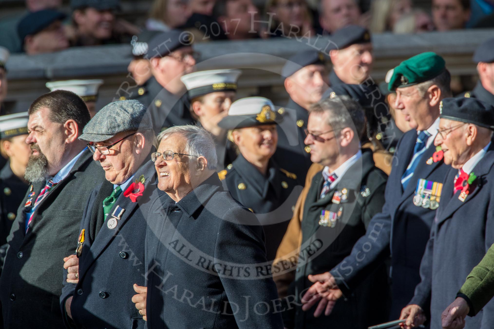 Blind Veterans UK (Group AA7, 215 members) during the Royal British Legion March Past on Remembrance Sunday at the Cenotaph, Whitehall, Westminster, London, 11 November 2018, 12:04.